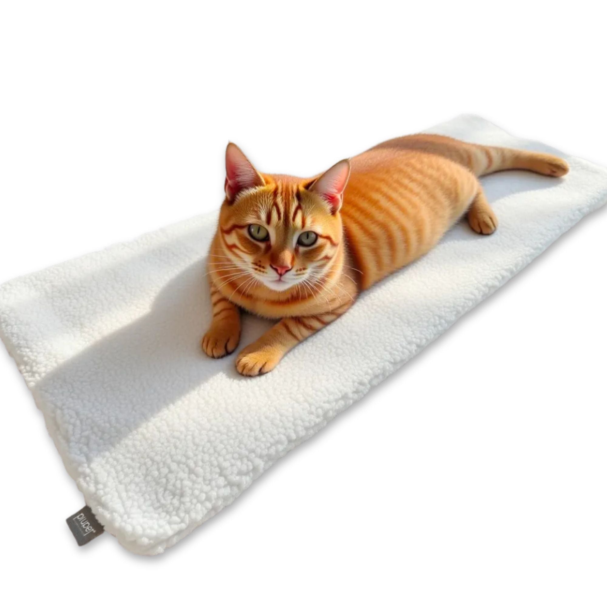 Orangefarbene Katze liegt entspannt auf einer weichen selbstwärmenden Fensterbankdecke aus Fleece – gemütliche Liegefläche für Katzen