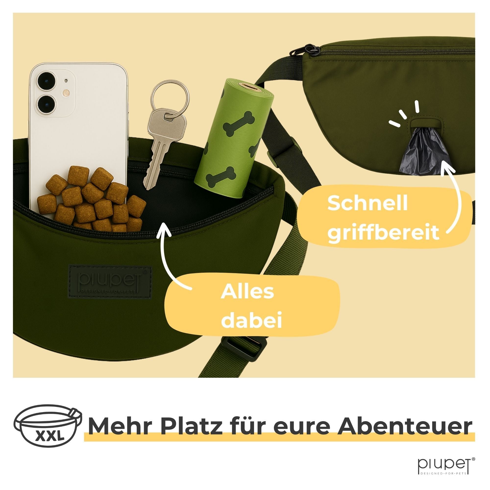XXL Futterbeutel für Hunde in Grün mit Platz für Leckerlis, Handy, Schlüssel und integriertem Kotbeutelspender – praktische Leckerlitasche für unterwegs