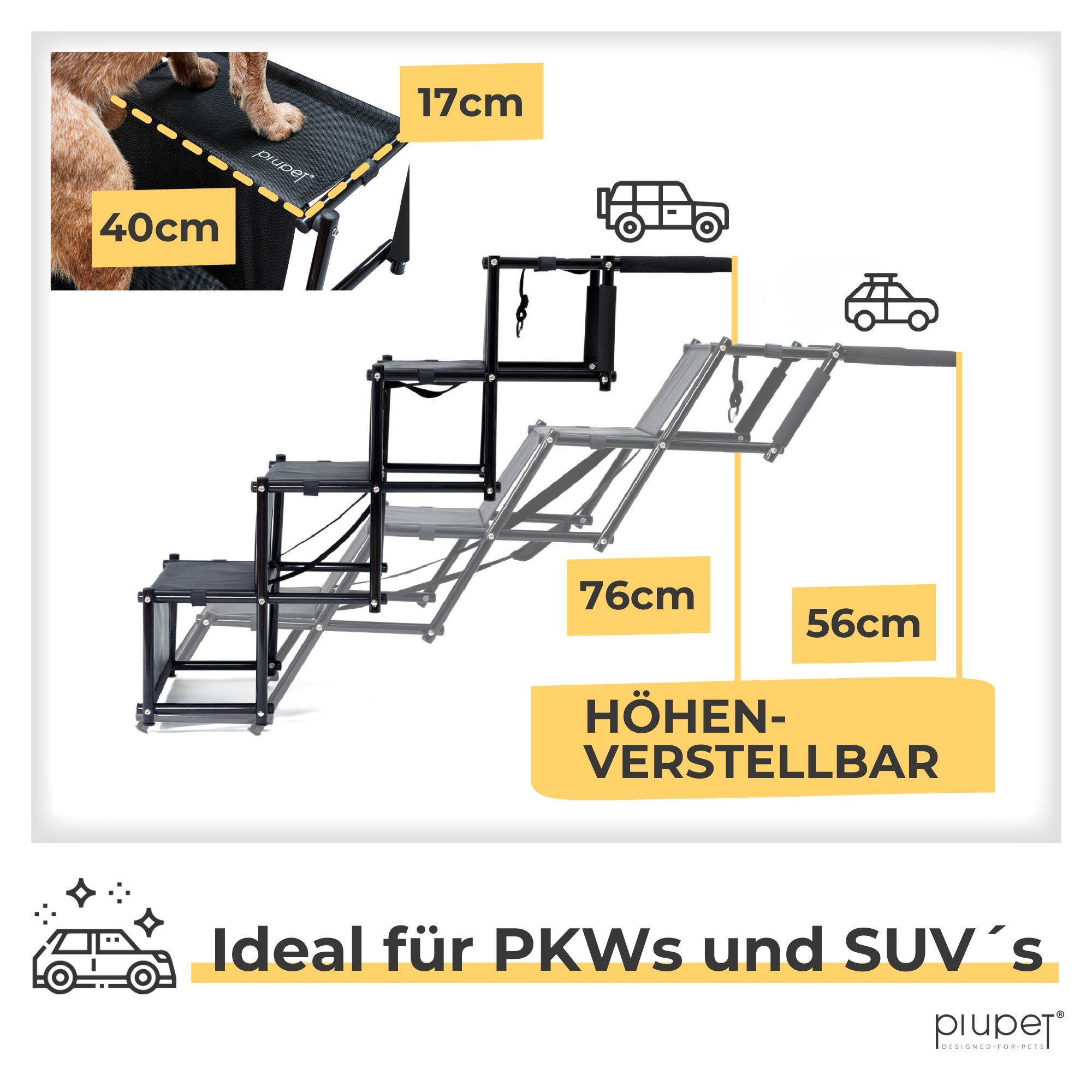 Hundetreppe kann in verschiedene Höhen eingestellt und geneigt werden