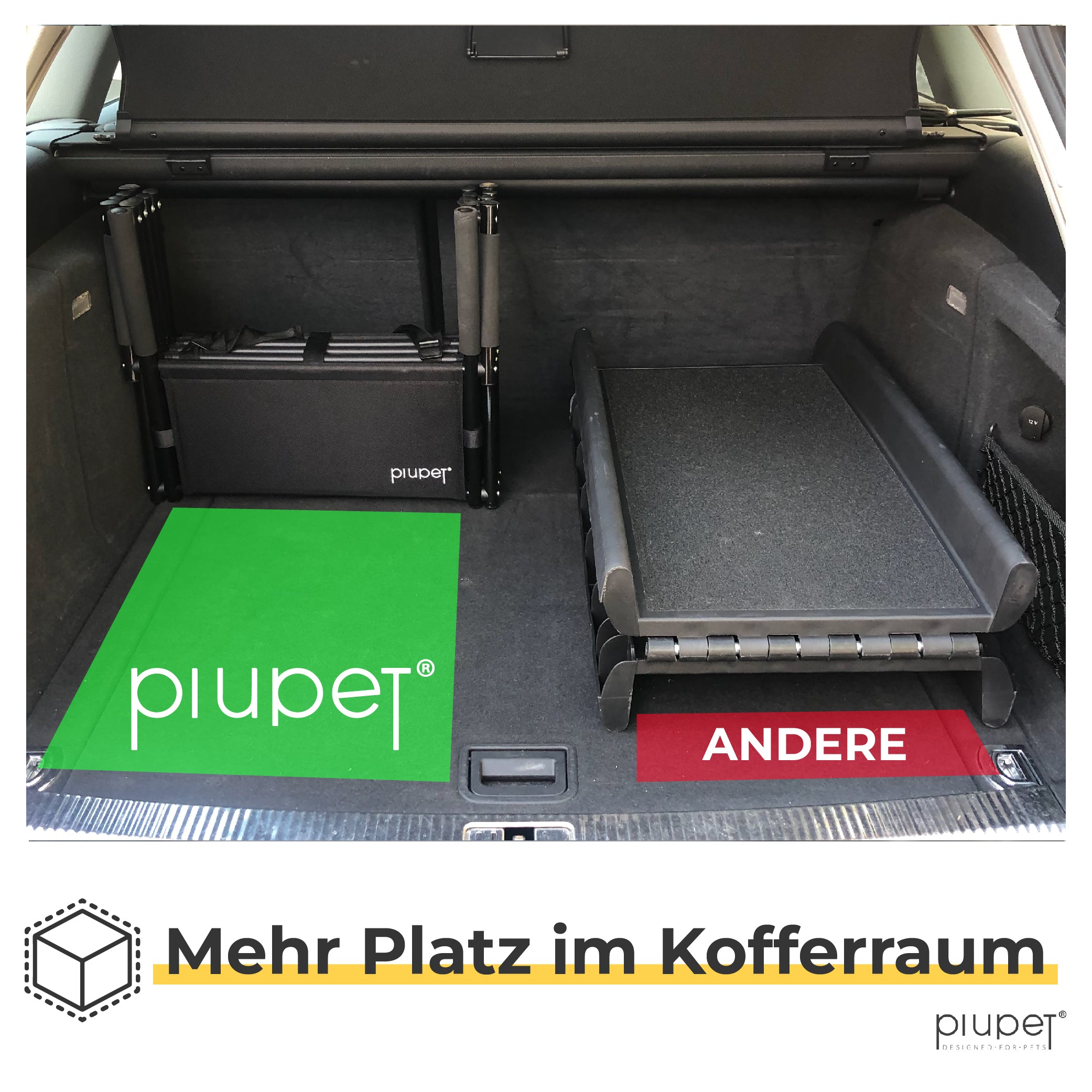 Vergleich Hundetreppe bei PIUPET mit Anderen: PIUPET Hundetreppe lässt sich platzsparend im Kofferraum platzieren, andere nicht