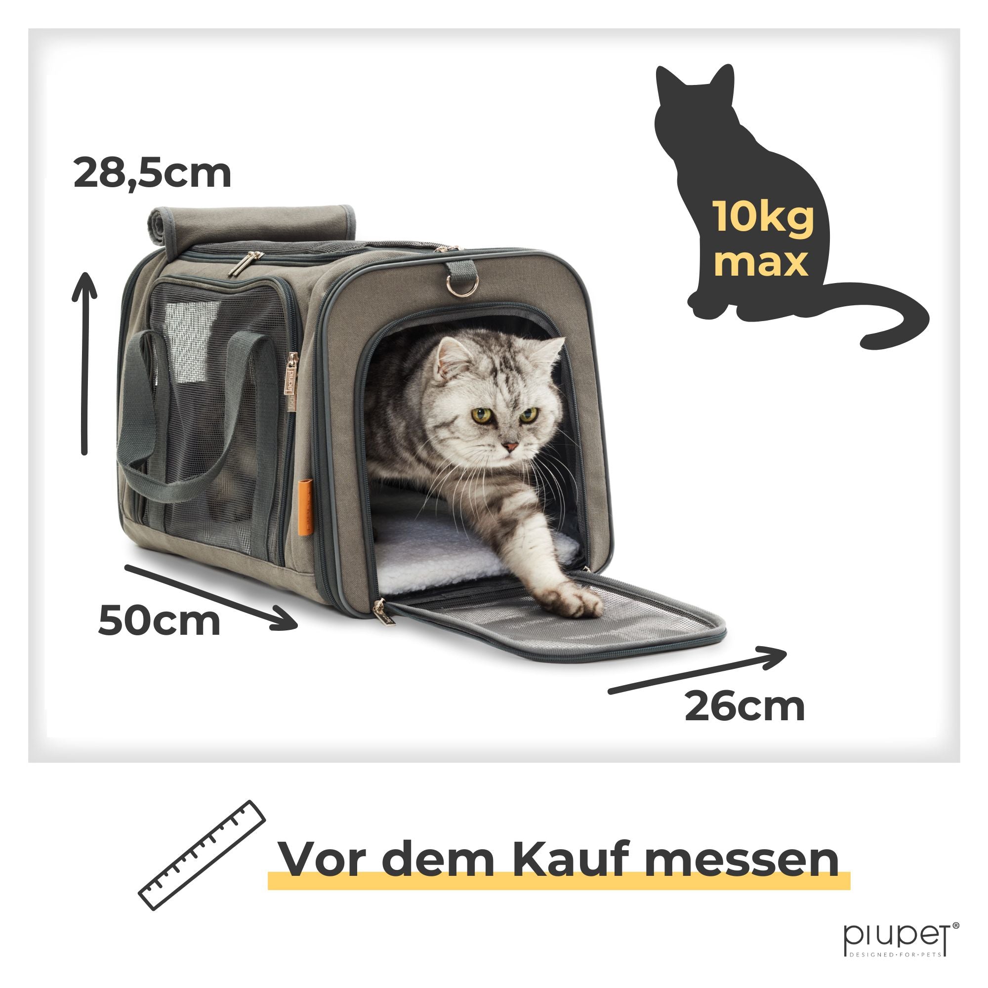 Transporttasche mit Netzfenstern, Katze schaut heraus. Maße 50 x 26 x 28,5 cm, geeignet bis 10 kg.