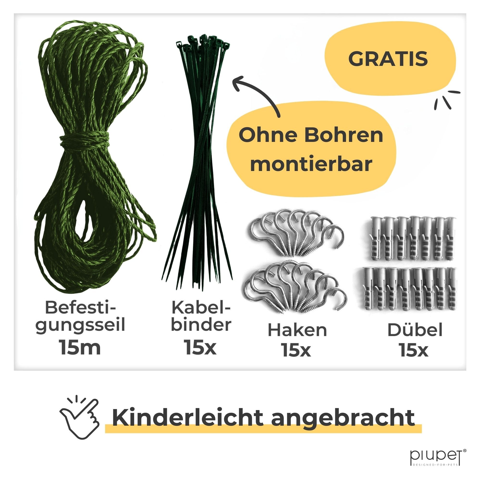 Inklusive in der Lieferung: 15m Befestigungsseil, 15x Kabelbinder, 15x Haken, 15x Dübel. Montierbar ohne Bohren.
