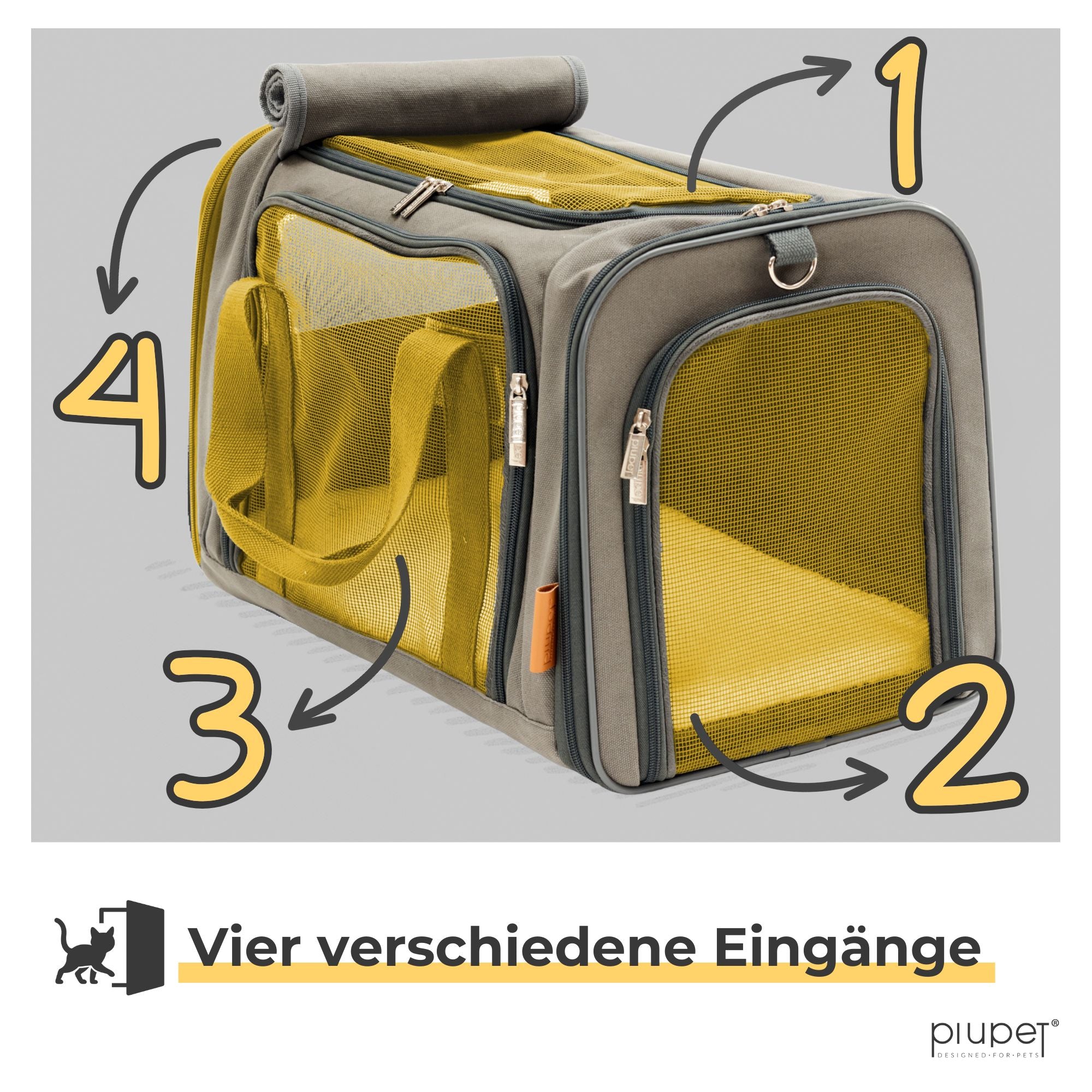 Vier verschiedene Eingänge: Vorne, Hinten, seitlich, oben