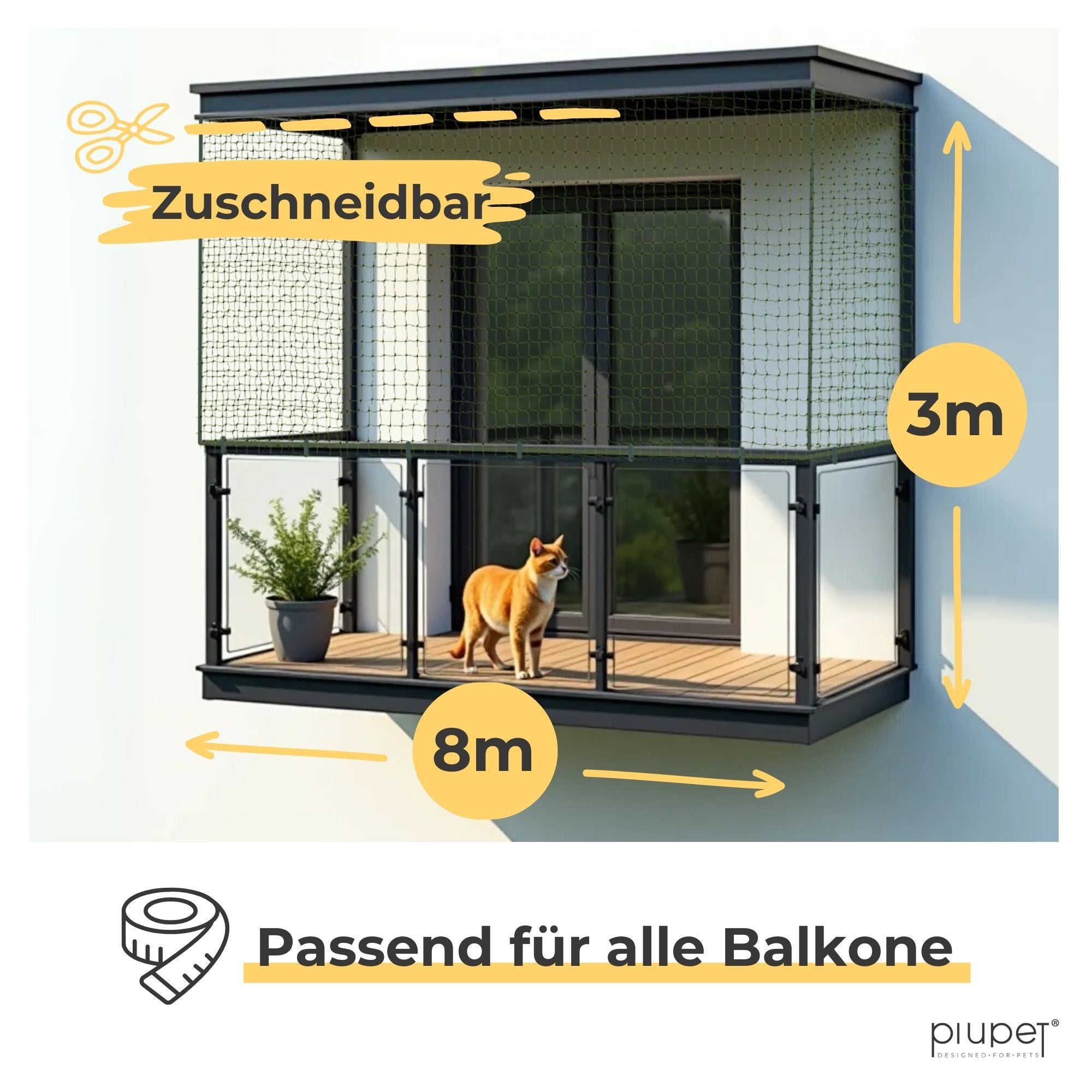 Balkon mit Katzennetz – zuschneidbar und passend für alle Balkone.