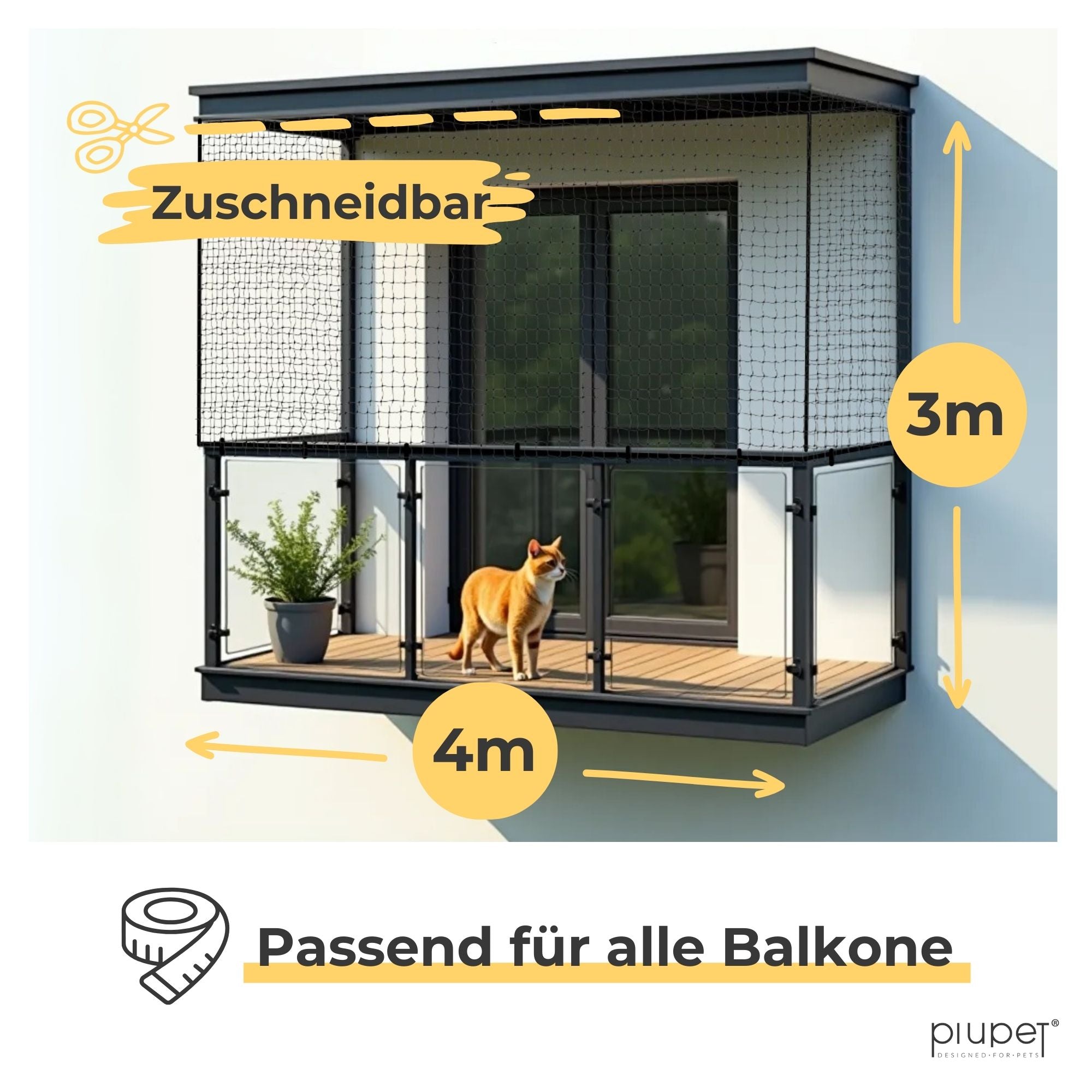 Balkon mit Katzennetz – zuschneidbar und passend für alle Balkone.