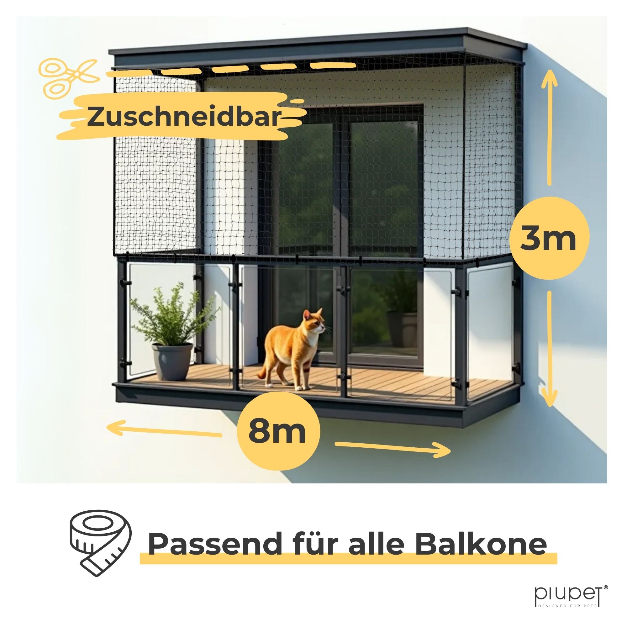 Balkon mit Katzennetz – zuschneidbar und passend für alle Balkone.