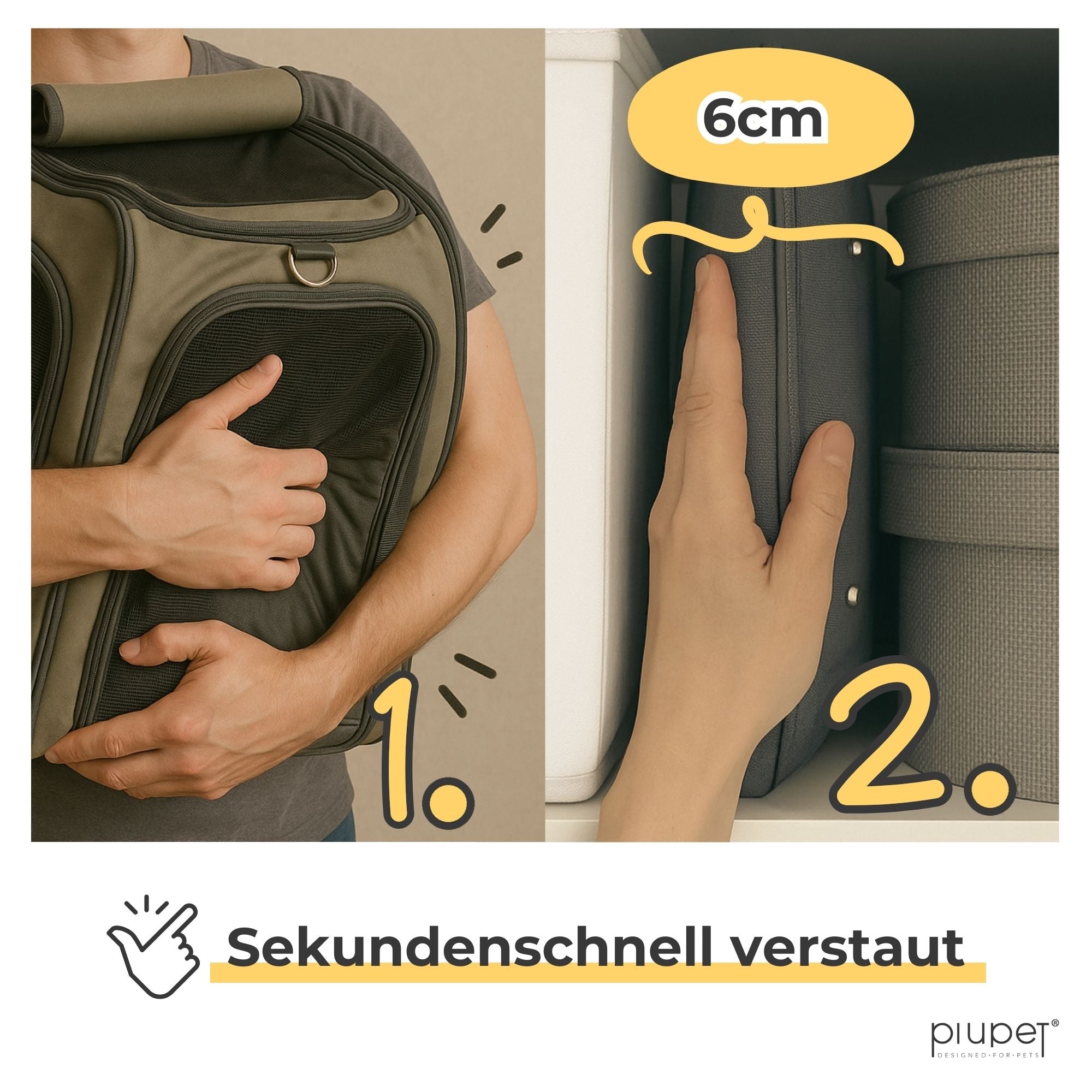 Zweiteiliges Bild: Links wird die Transporttasche zusammengefaltet, rechts in ein Regal geschoben.