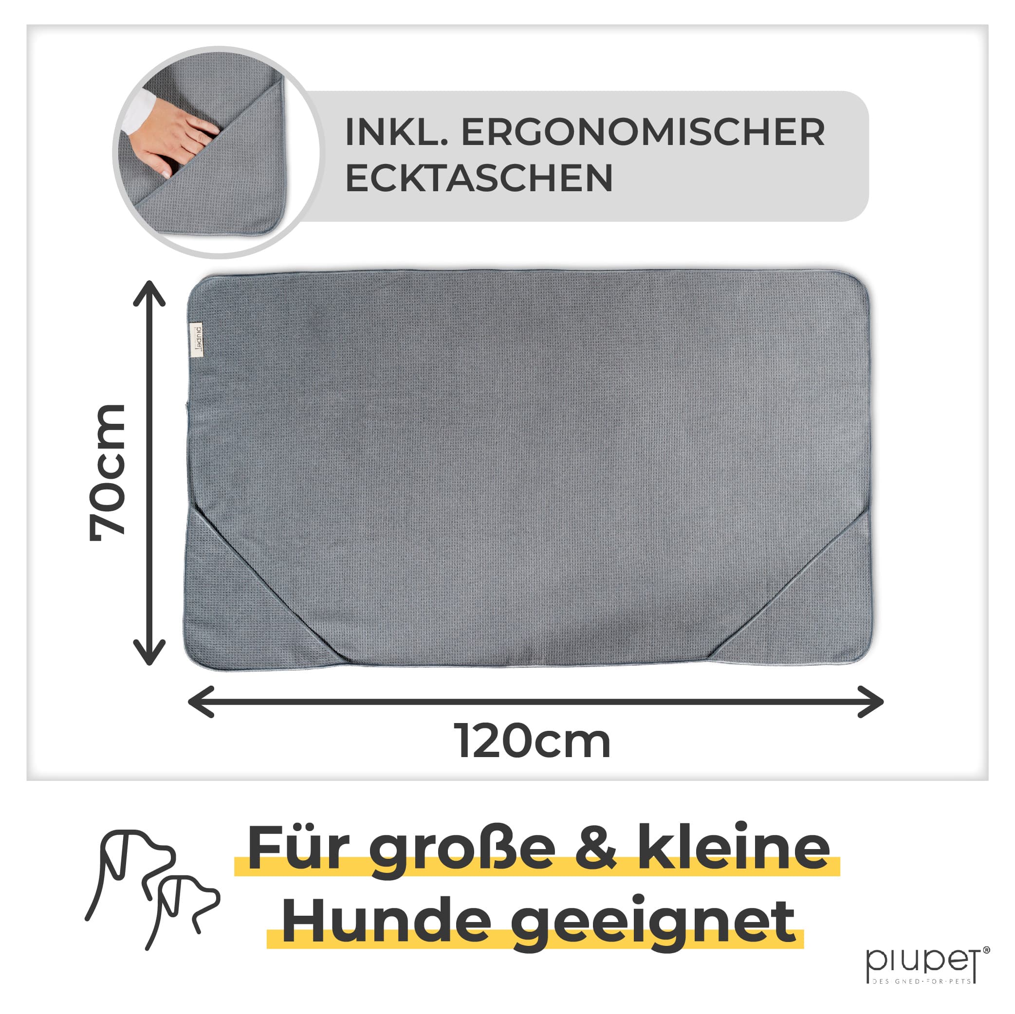 Handtuch hat die Maße 120x70cm und ergonomische Ecktaschen