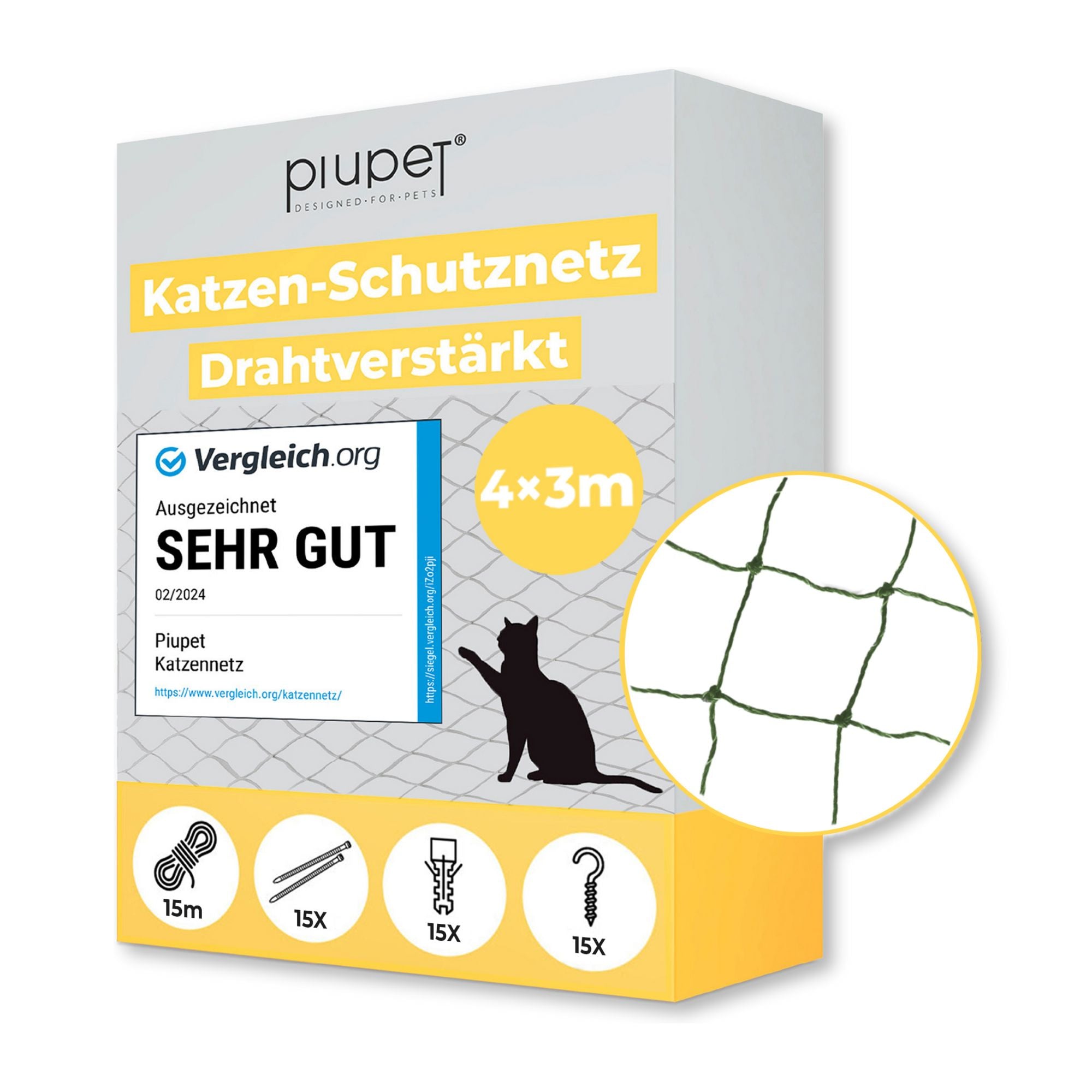 Produktverpackung Piupet Katzenschutznetz 4x3 m in grün, drahtverstärkt, ausgezeichnet mit ‚Sehr gut‘ von Vergleich.org. #farbe_grün