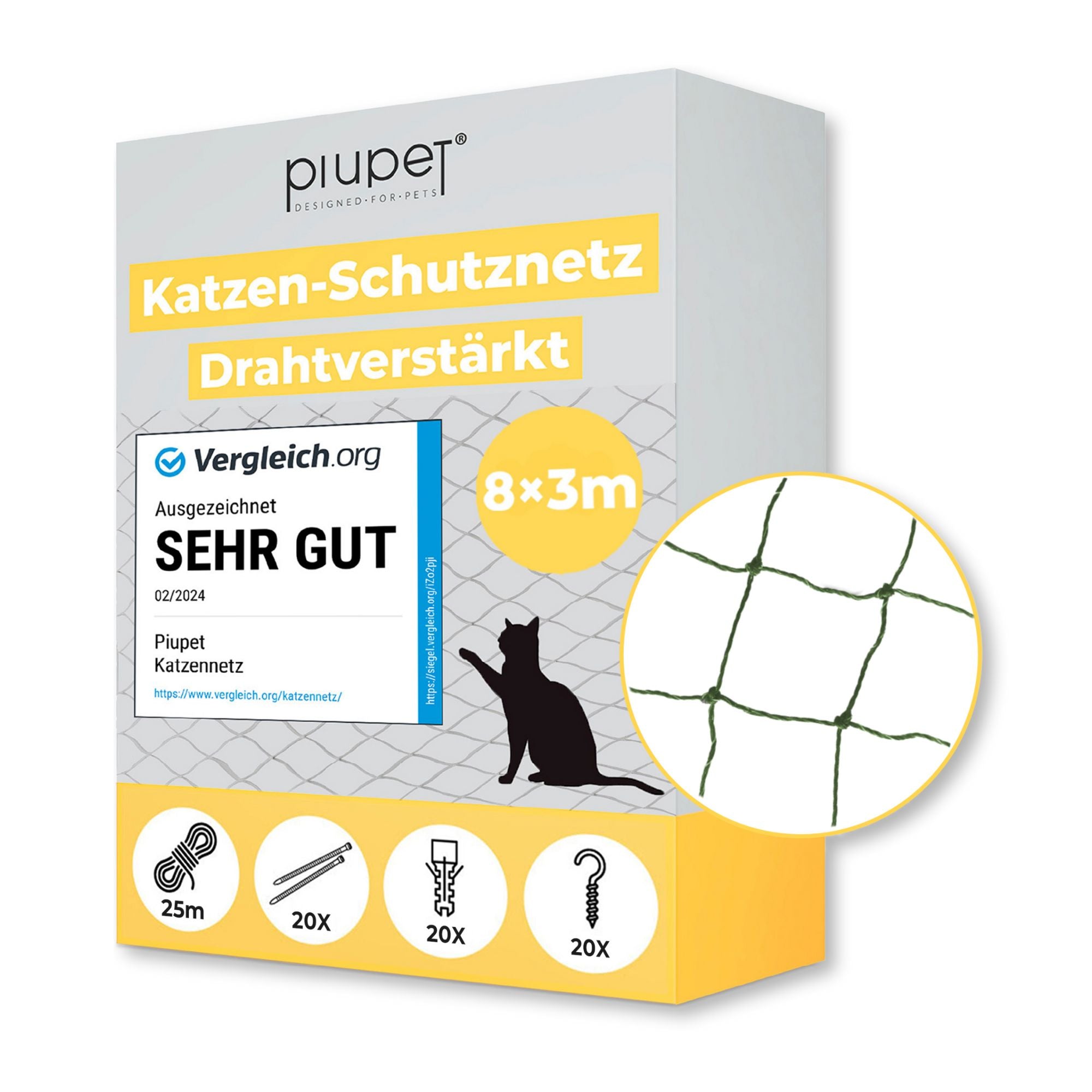 Produktverpackung Piupet Katzenschutznetz 8x3 m in grün, drahtverstärkt, ausgezeichnet mit ‚Sehr gut‘ von Vergleich.org. #farbe_grün