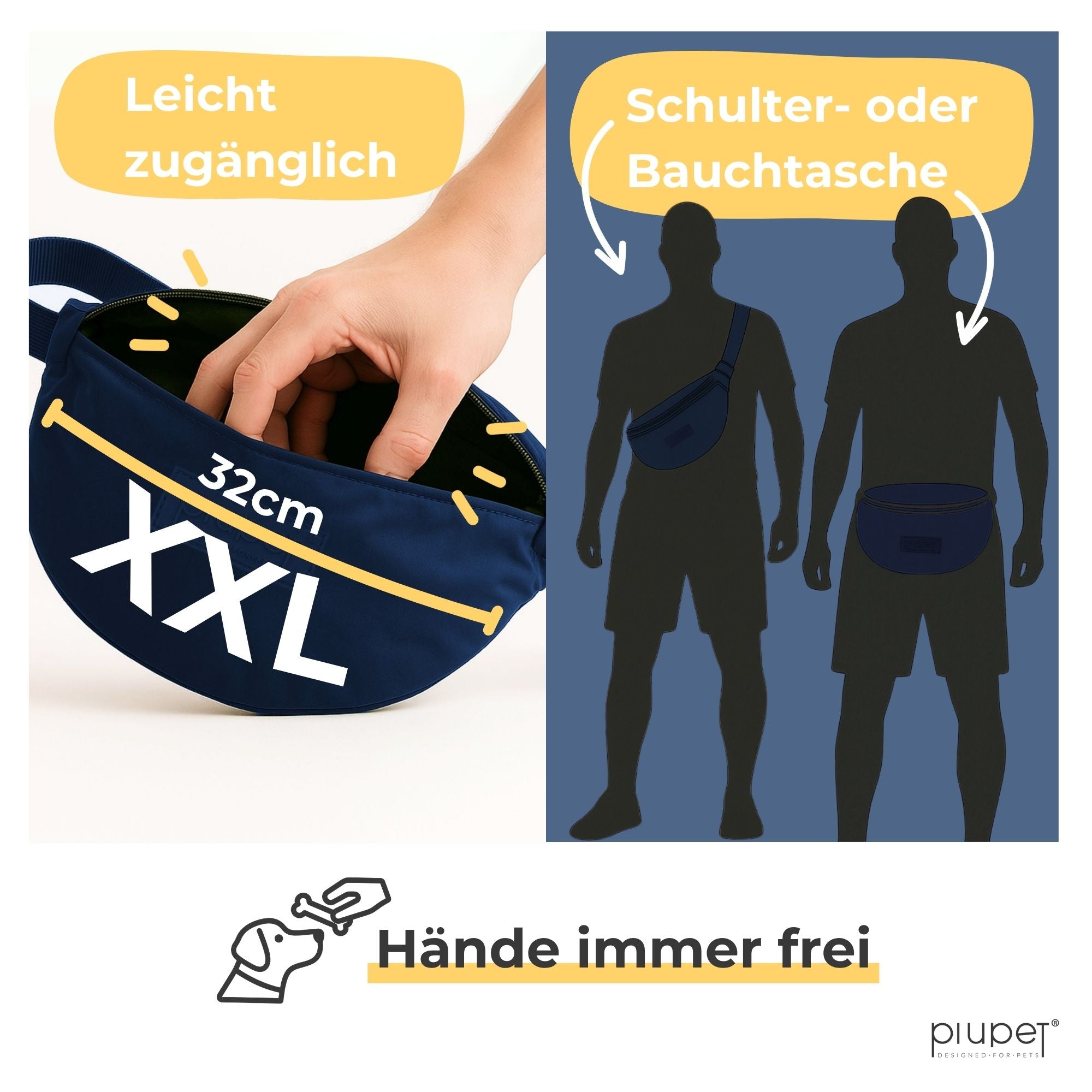 XXL Leckerlitasche für Hunde in Blau, 32 cm breit, leicht zugänglich und flexibel als Schulter- oder Bauchtasche tragbar – praktischer Futterbeutel für unterwegs