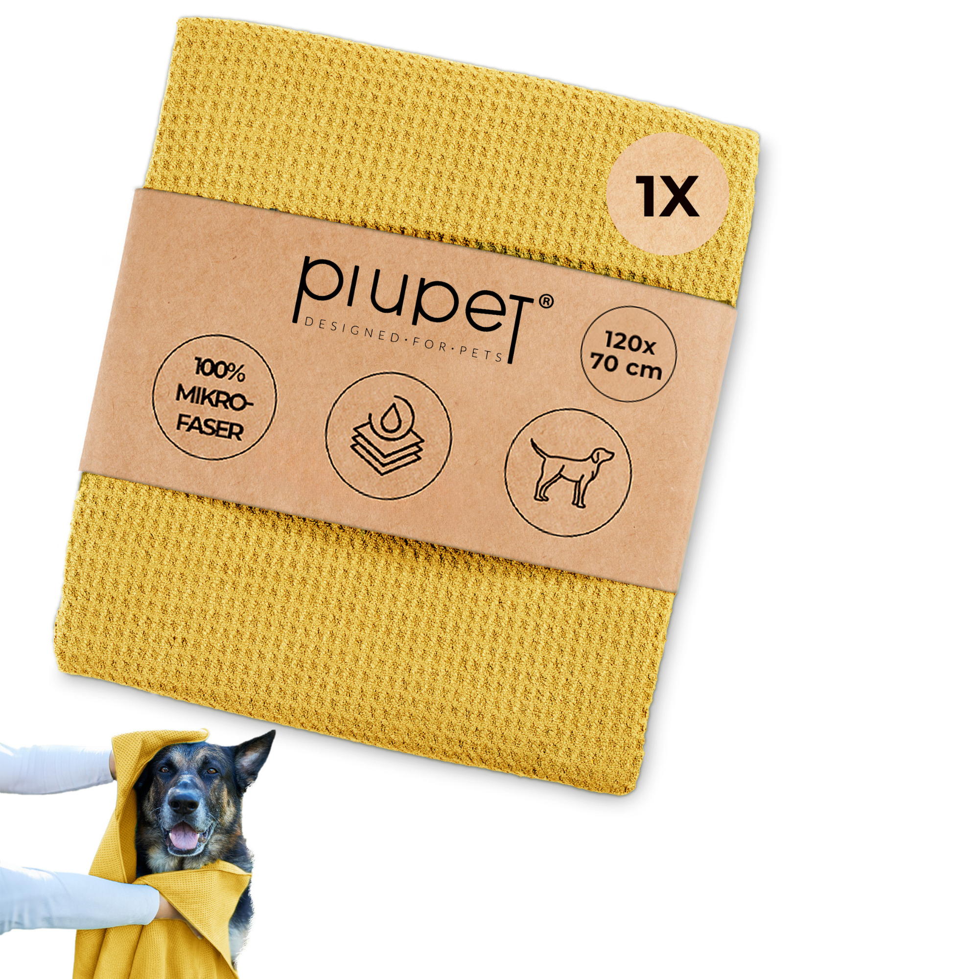 Gelbes Hundehandtuch aus 100 % Mikrofaser in der Größe 120x70 cm, saugstark und weich