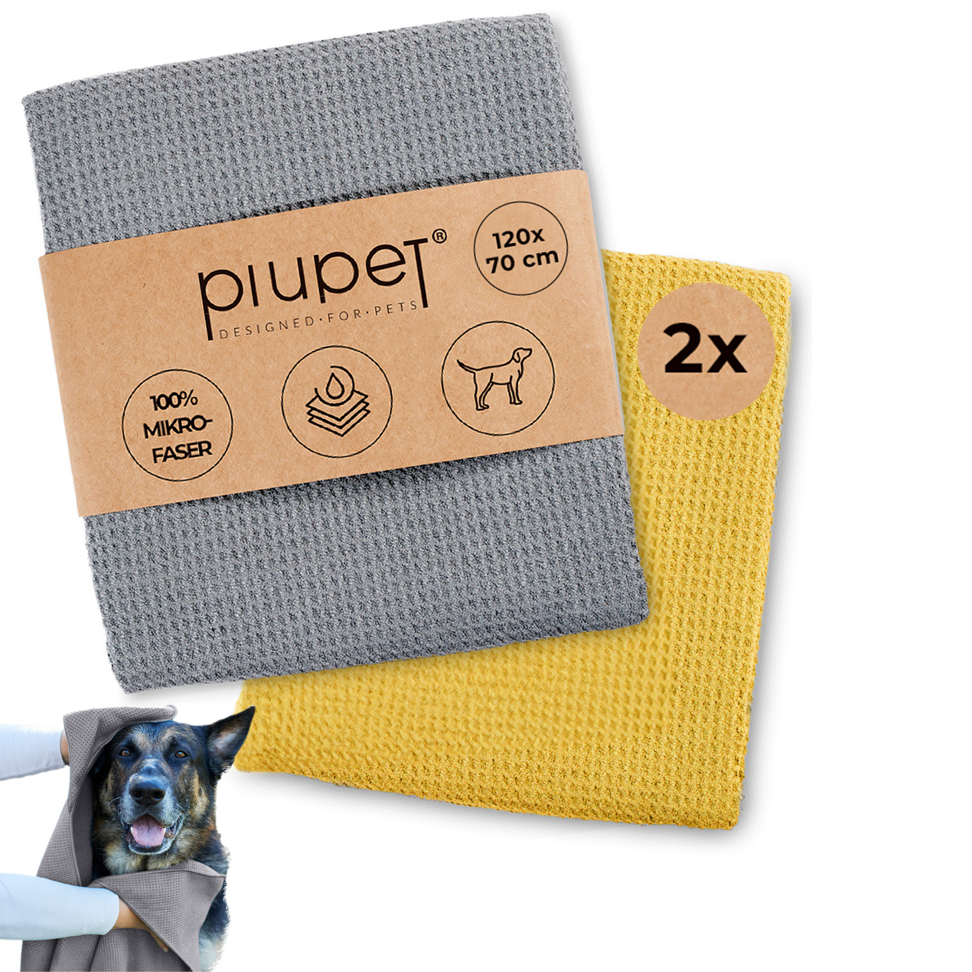 Set aus einem Grauen und Gelben Hundehandtuch aus 100 % Mikrofaser in der Größe 120x70 cm, saugstark und weich