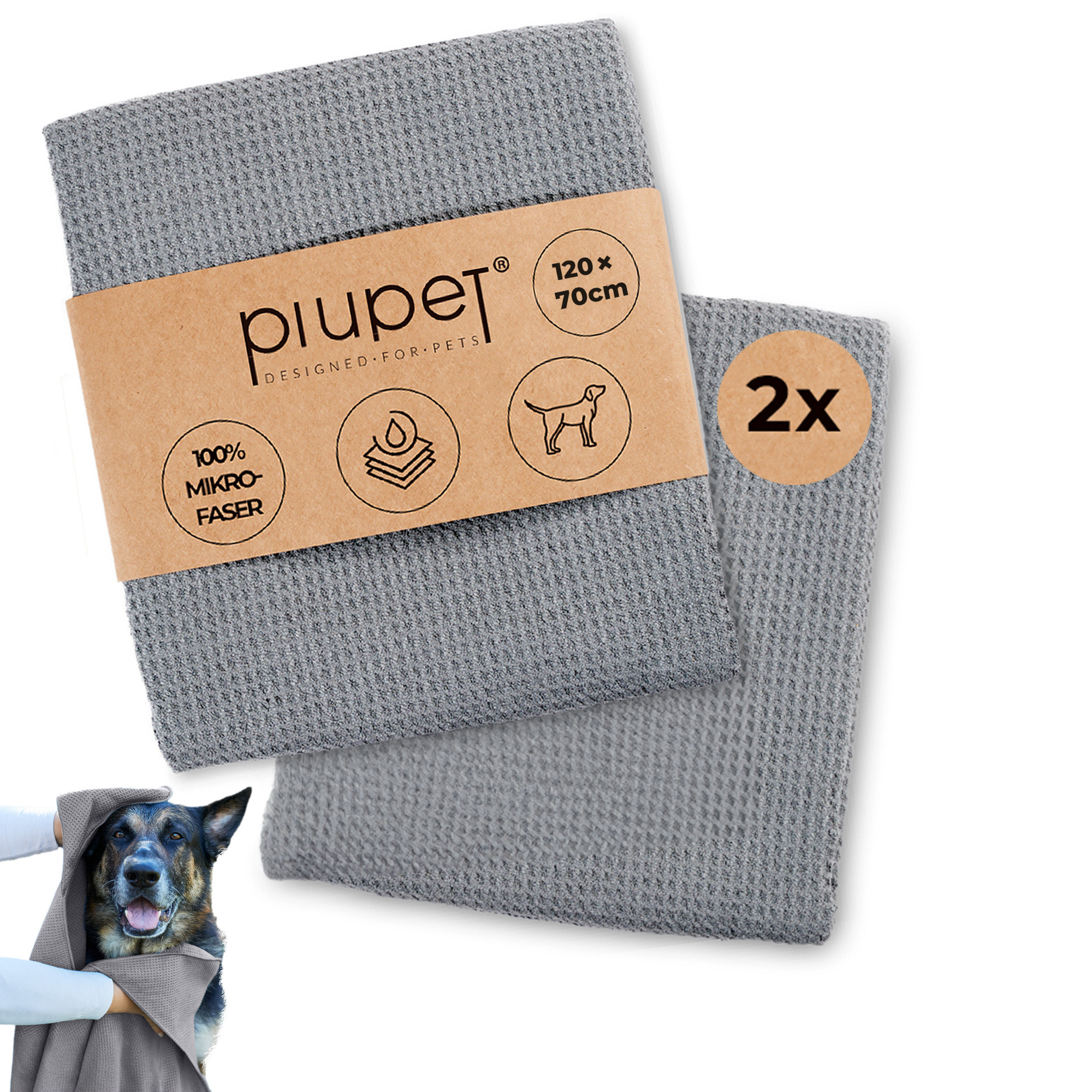Set aus zwei grauen Hundehandtüchern aus 100 % Mikrofaser in der Größe 120x70 cm, saugstark und weich