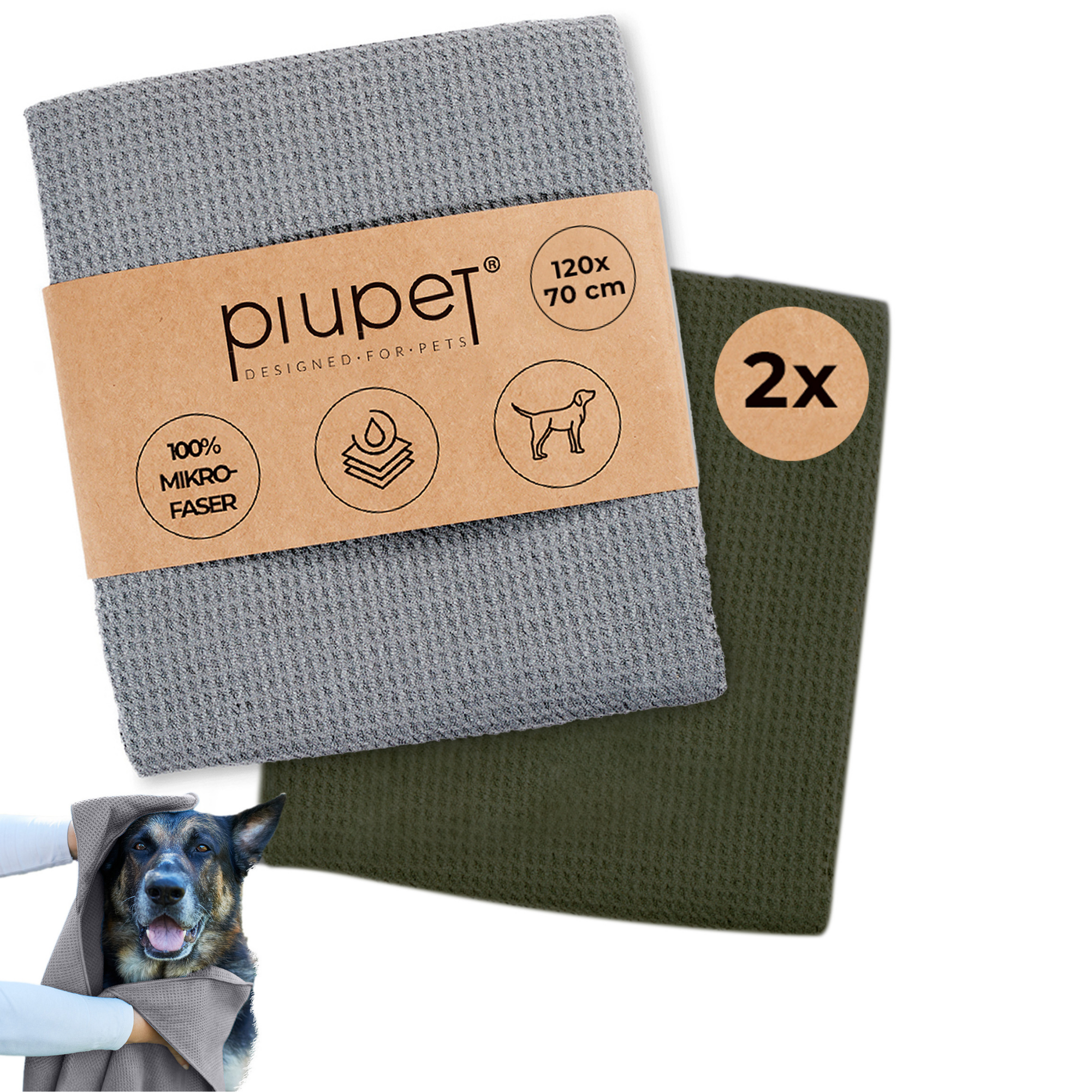 Set aus einem Grauen und Grünen Hundehandtuch aus 100 % Mikrofaser in der Größe 120x70 cm, saugstark und weich
