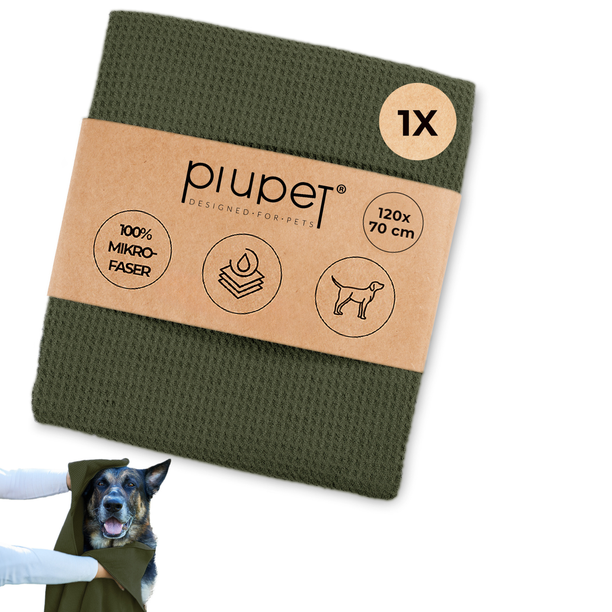 Grünes Hundehandtuch aus 100 % Mikrofaser in der Größe 120x70 cm, saugstark und weich