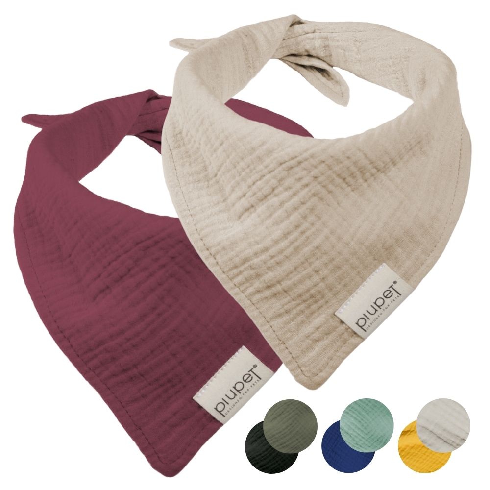 Zwei Musselin-Halstücher in Beige und Rot mit piupet-Label #farbe_beige/rot