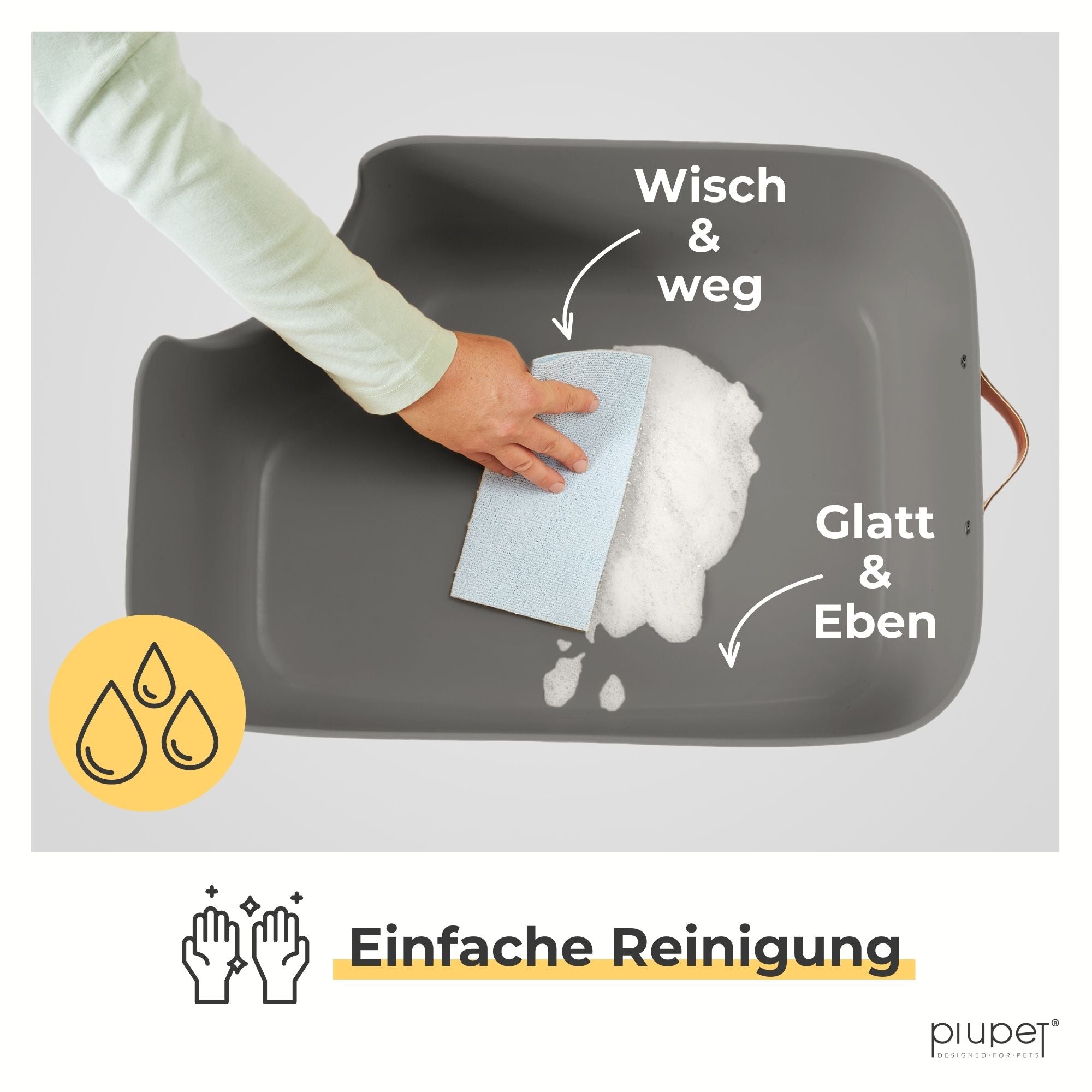 Hand wischt mit einem Tuch Schaumreste aus einer grauen Katzentoilette mit glatter Oberfläche. Text: Wisch & weg, Glatt & Eben – Einfache Reinigung.