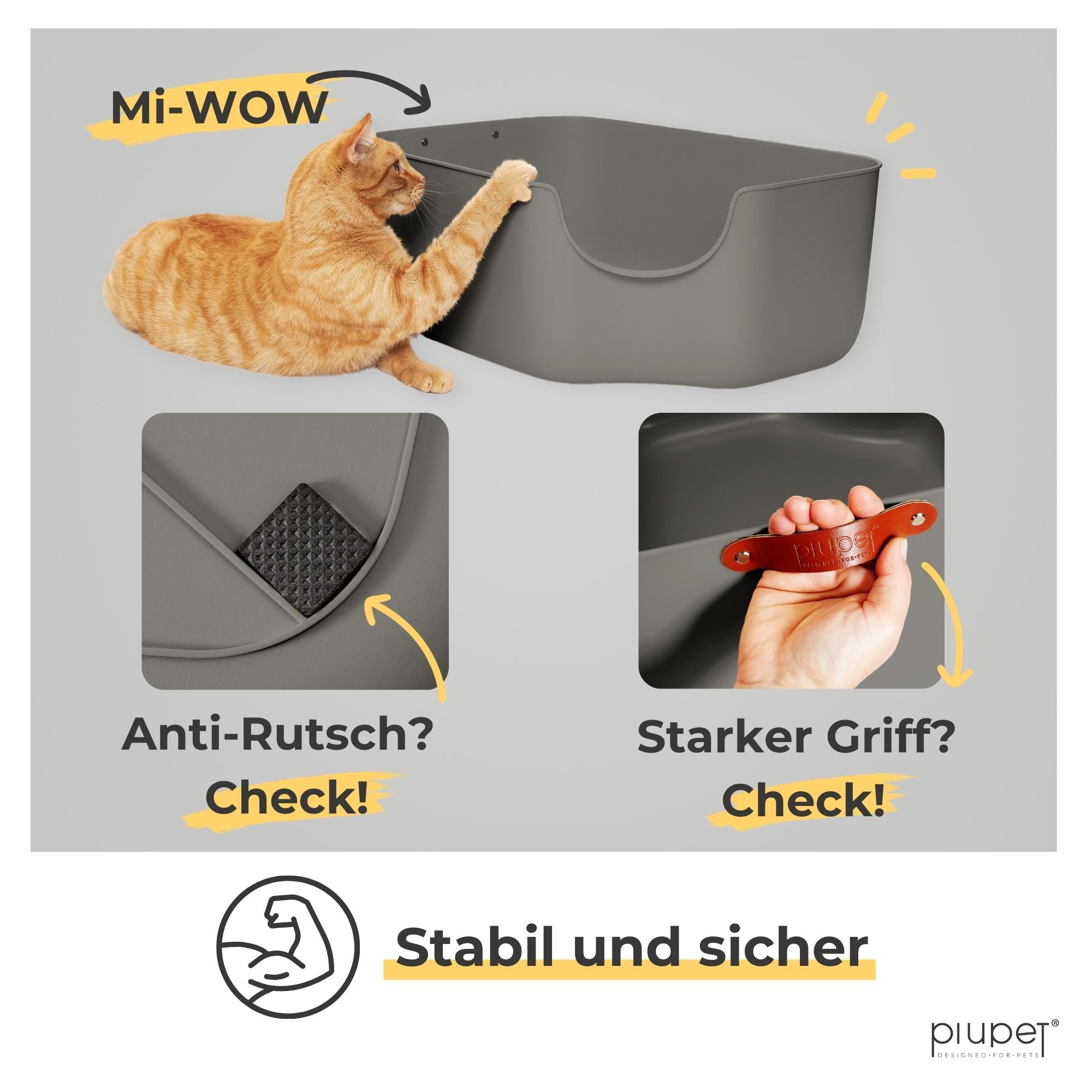 Katzentoilette mit Anti-Rutsch-Unterseite und stabilem Griff. Katze lehnt sich an den hohen Rand. Text: Stabil und sicher.