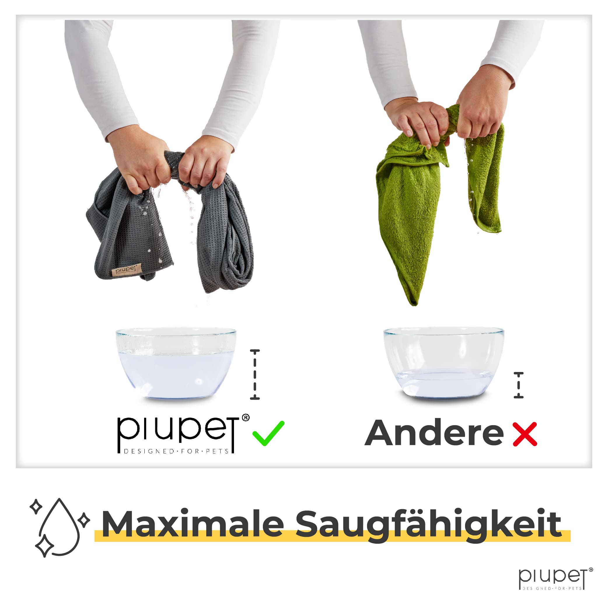 Vergleichstest: Das Piupet Handtuch nimmt deutlich mehr Wasser auf als ein herkömmliches Baumwollhandtuch – maximale Saugfähigkeit für Hunde
