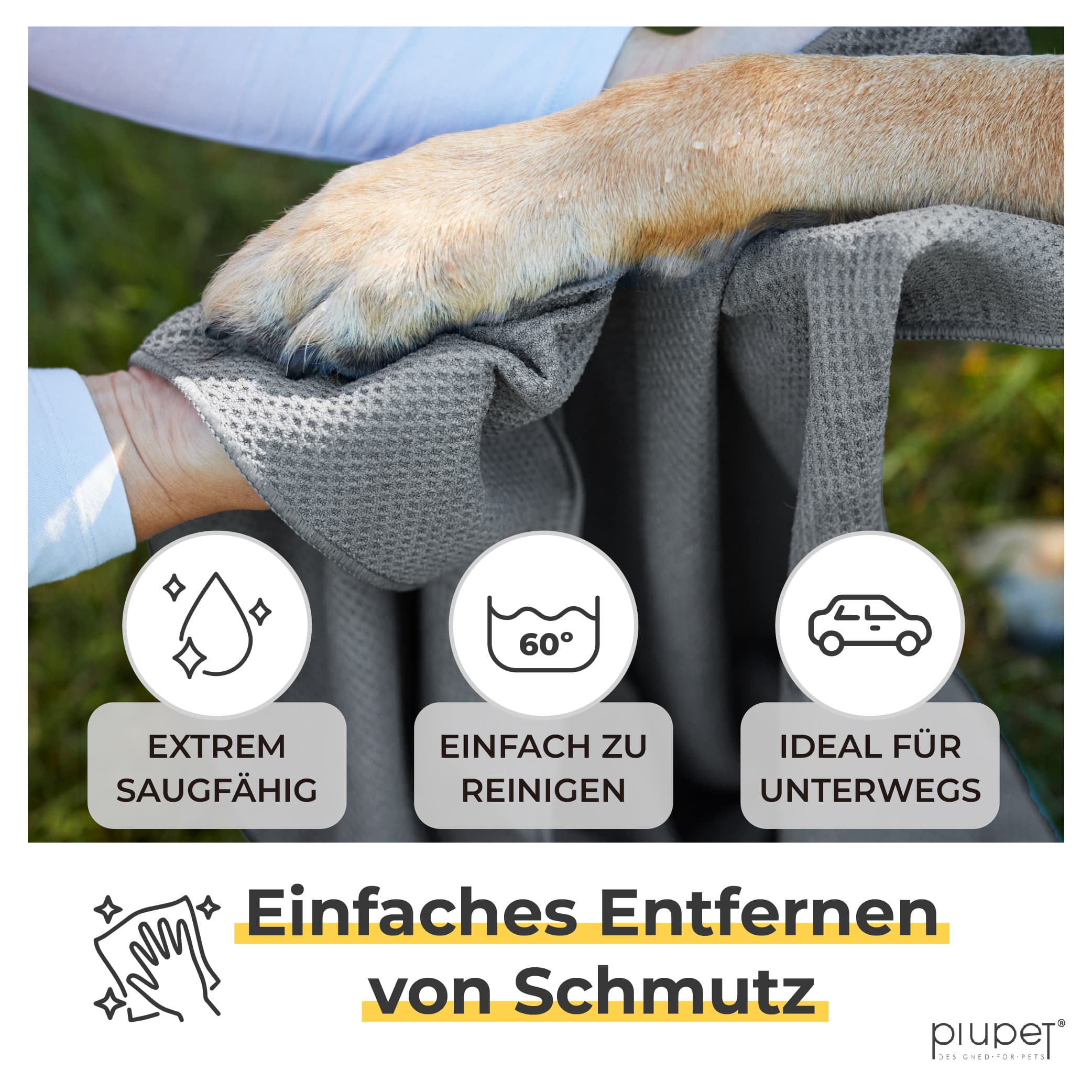 Anwendung des Mikrofaser-Handtuchs: Hundepfote wird von Schmutz befreit, extrem saugfähig, bei 60° waschbar, ideal für unterwegs