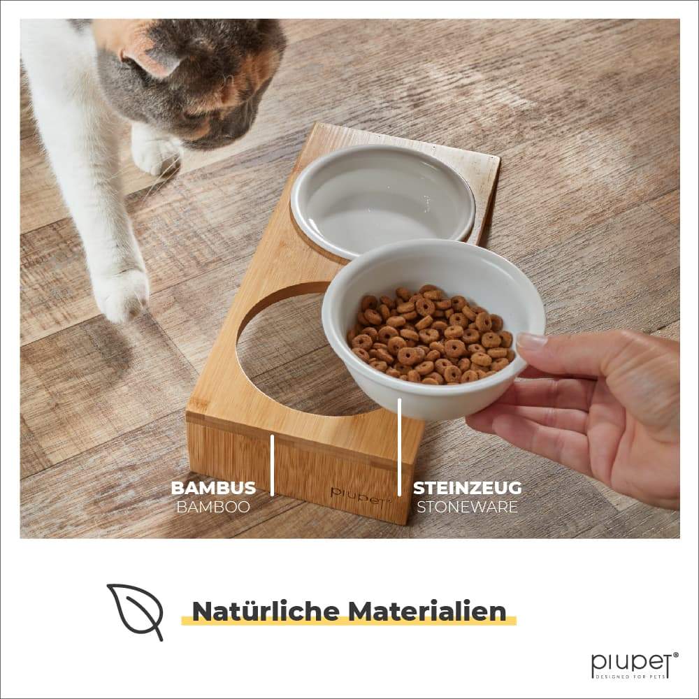 Katzennapf Set besteht aus Bambus und Steinzeug