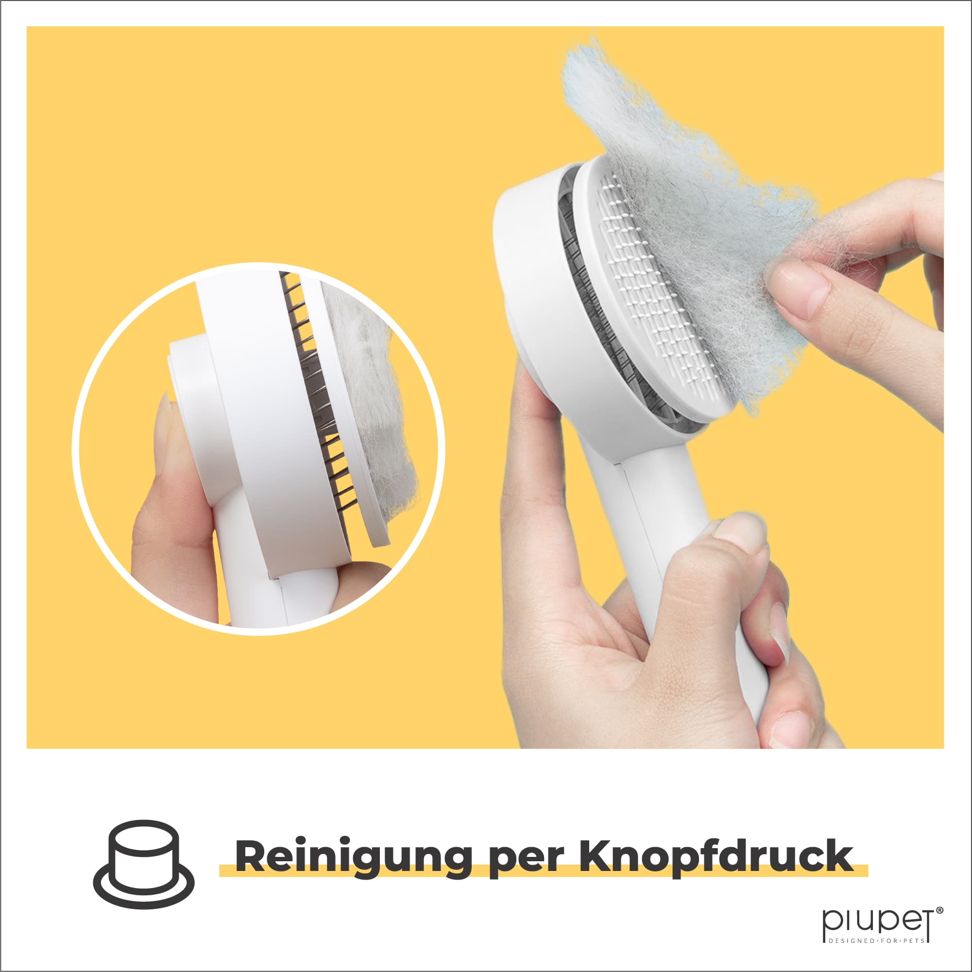 Weiße Fellbürste. Haare werden per Knopf-Druck nach vorne geschoben und können leicht entfernt werden