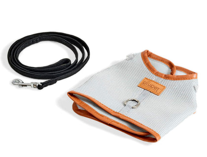 Beiges Katzengeschirr aus Stoff mit Leder Highlights und passender schwarzer Leine #farbe_grau