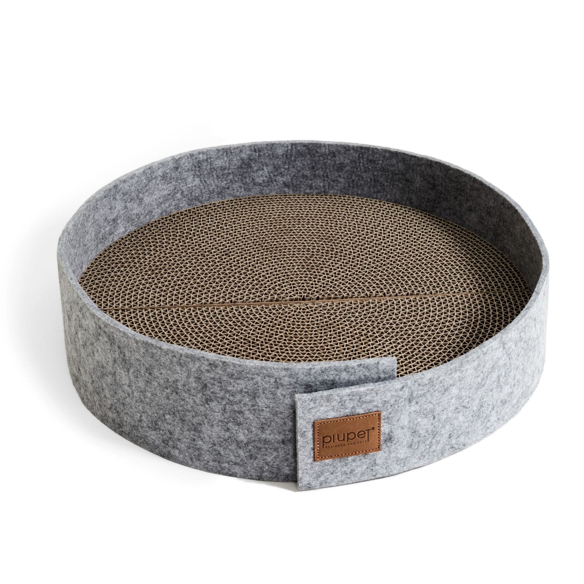 Kratzbrett mit grauer Filzumrandung und Leder Patch