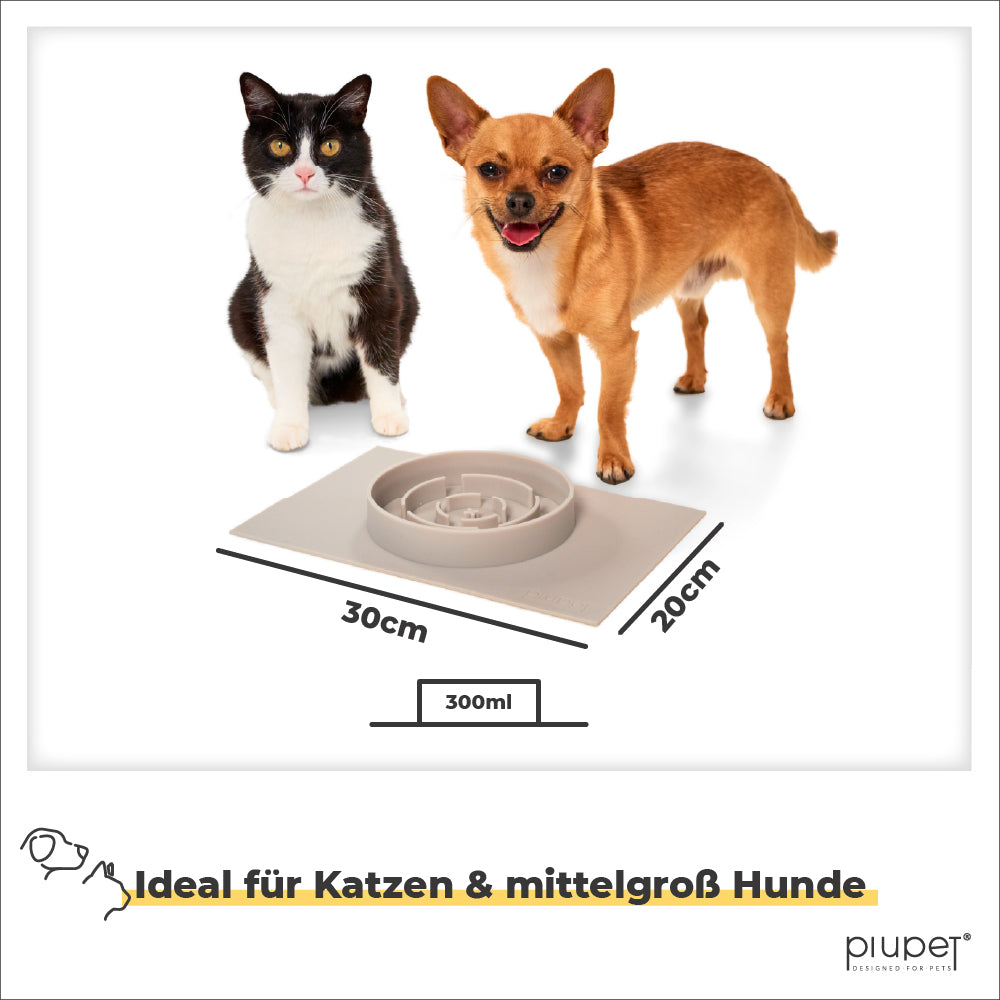 Napf mit 30 x 20 cm Größe und 300 ml Fassungsvermögen, daneben Katze und kleiner Hund.