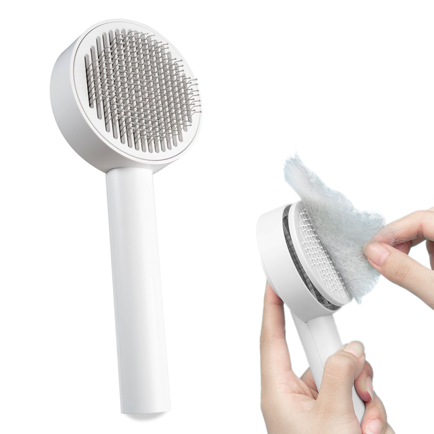 Weiße selbstreinigende Tierhaarbürste mit Knopf zum entfernen der gebürsteten Haare