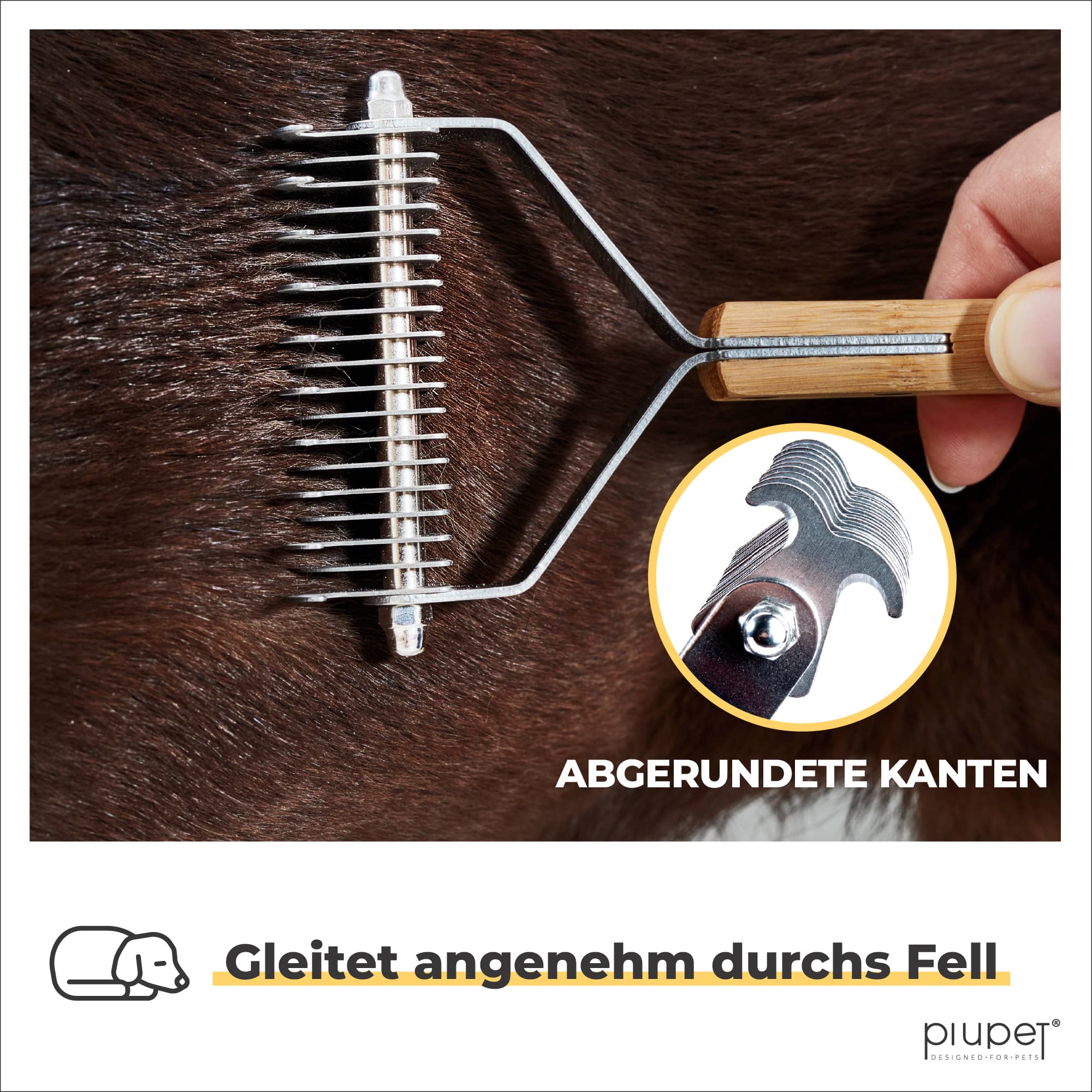 Fellbürste mit abgerundeten Kanten gleitet durchs Fell