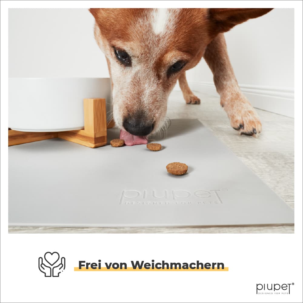 Hund leckt Napfunterlage ab, da sie frei von weichmachern ist