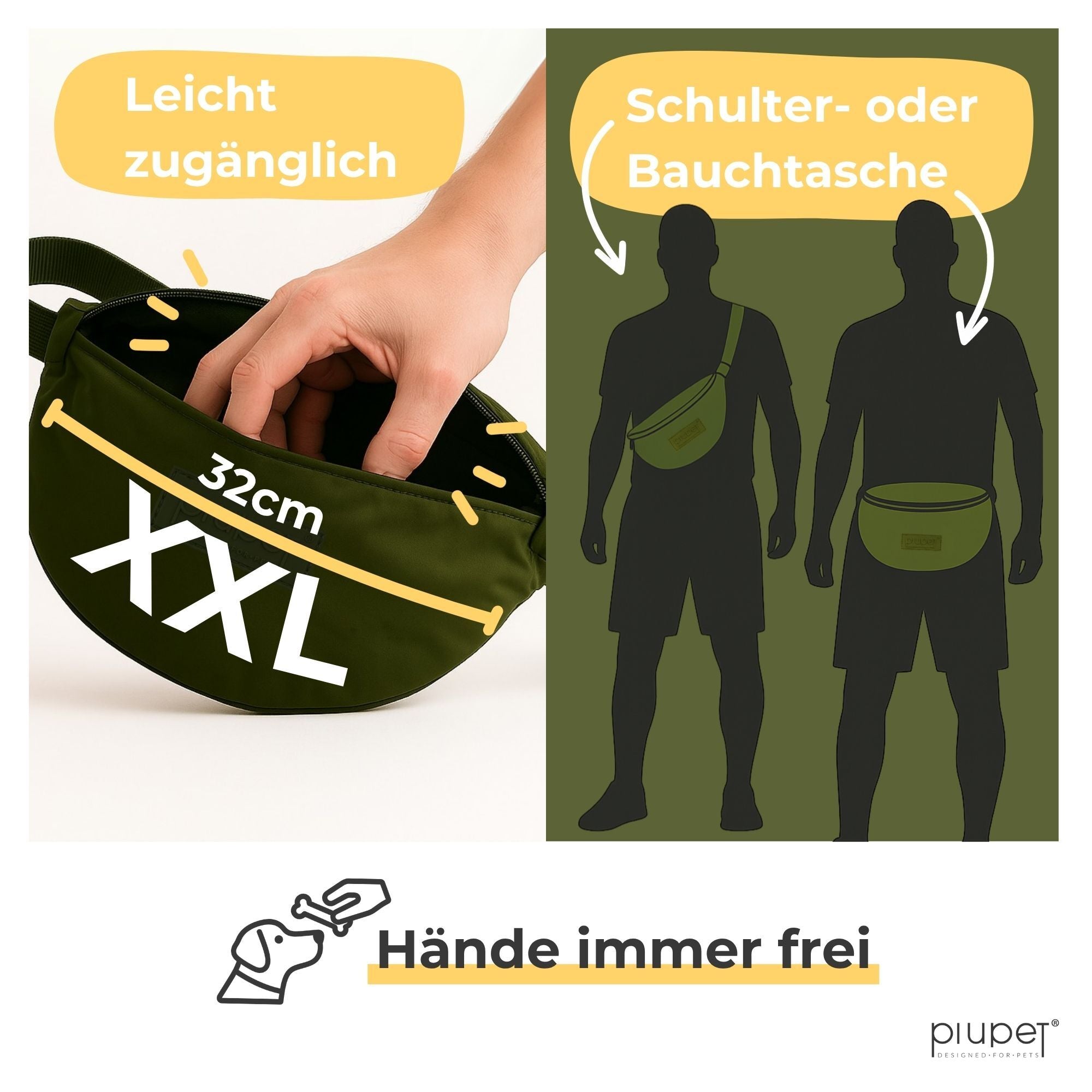 XXL Leckerlitasche für Hunde in Grün, 32 cm breit, leicht zugänglich und flexibel als Schulter- oder Bauchtasche tragbar – praktischer Futterbeutel für unterwegs