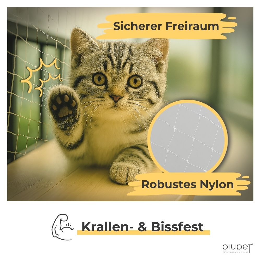 Katze hinter Katzennetz aus robustem Nylon, sicherer Freiraum.