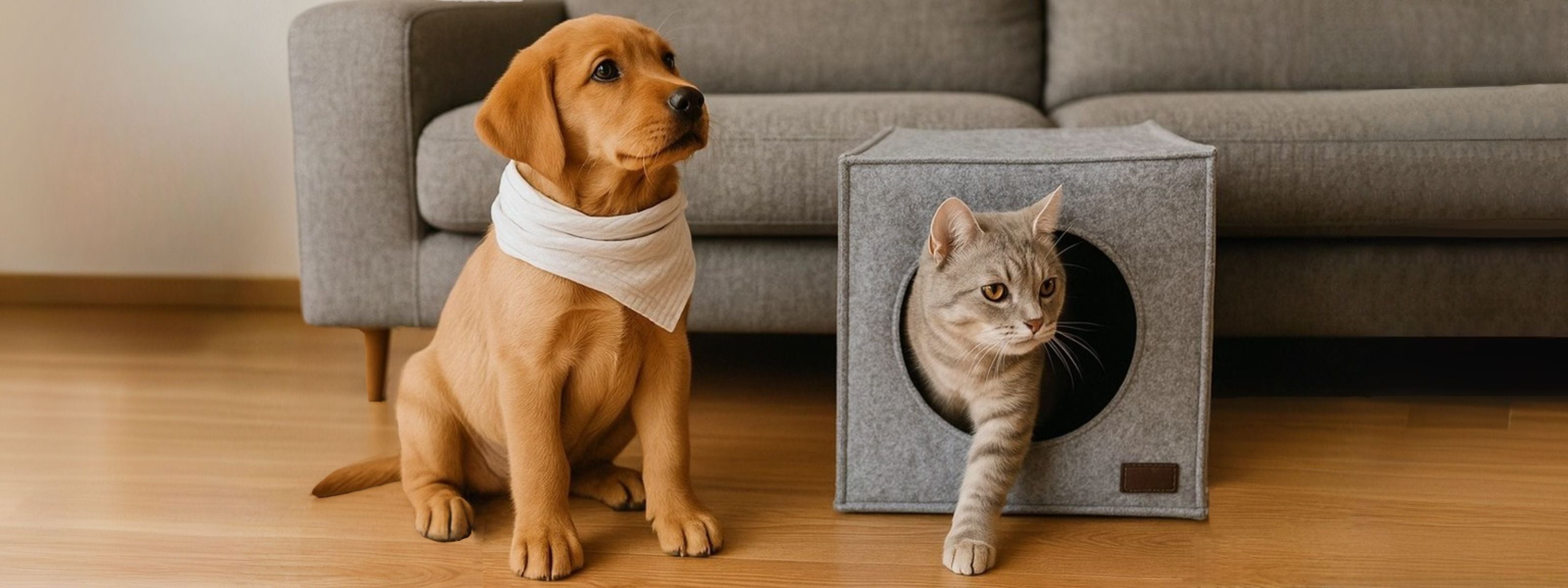 Hund mit weißem Bandana sitzt neben einer Katze in einer grauen Katzenhöhle aus Filz mit einer grauen Couch im Hintergrund – Haustierzubehör für Hunde und Katzen