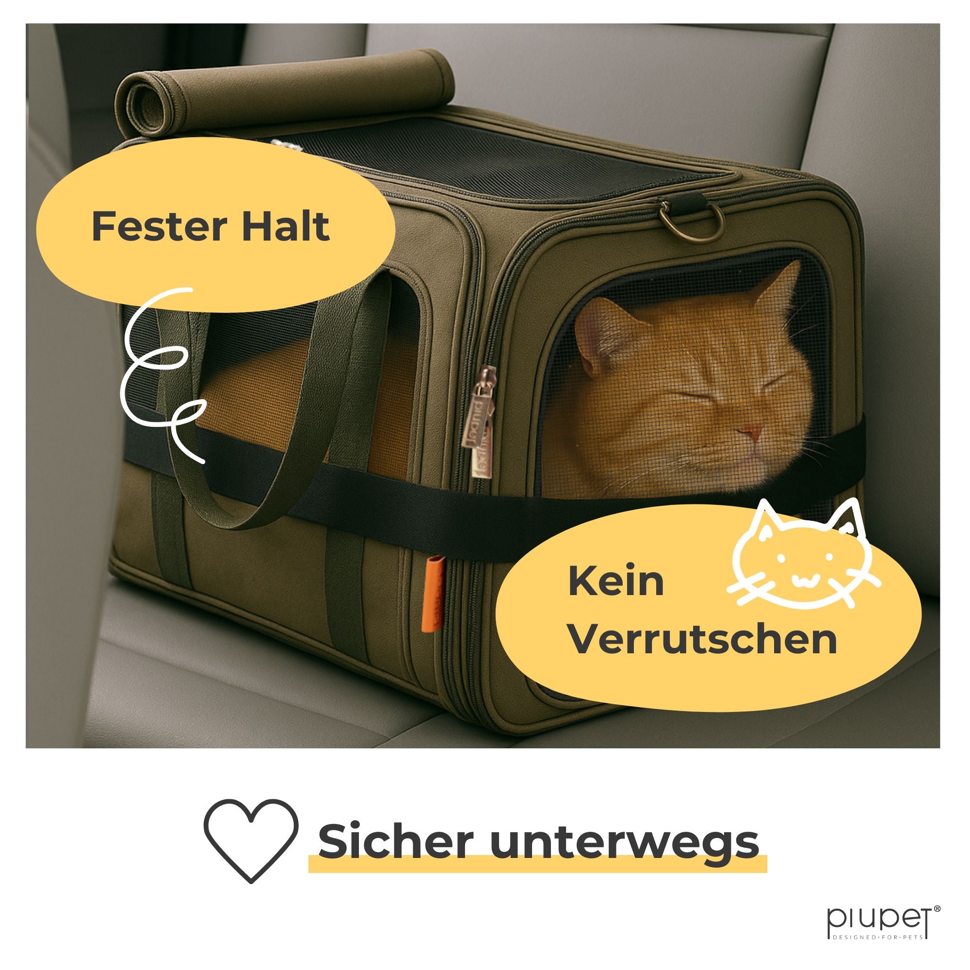 Katzentransporttasche auf Autositz mit angeschnalltem Gurt.
