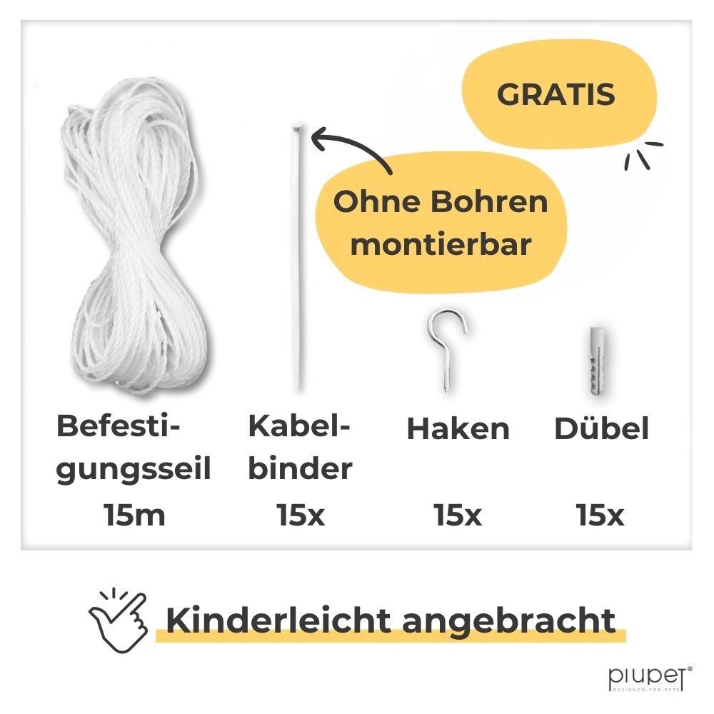 Lieferung inklusive 15m Befestigungsseil, 15 Kabelbinder, 15 Haken, 15 Dübel. Montage ohne Bohren möglich.
