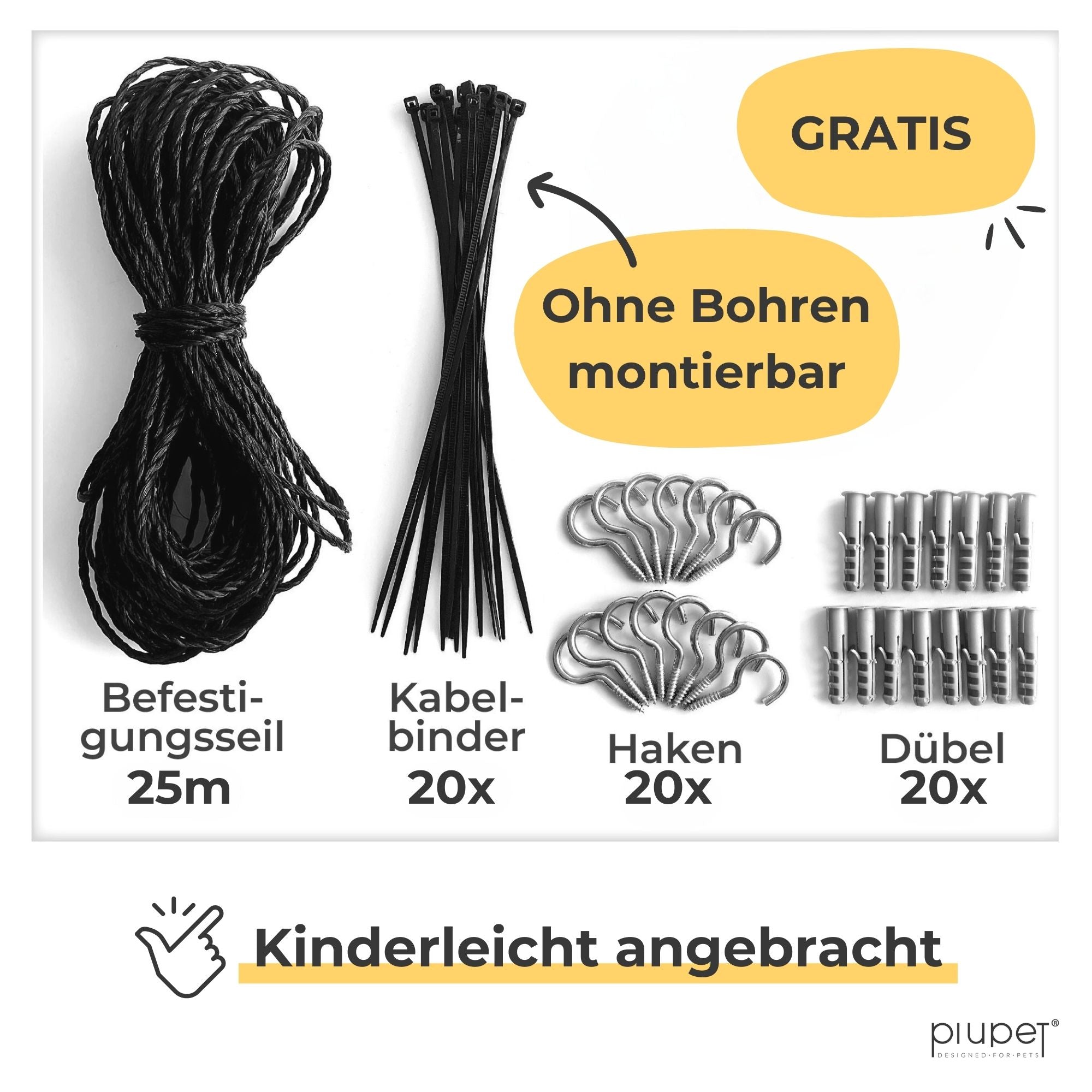 Inklusive in der Lieferung: 25m Befestigungsseil, 20x Kabelbinder, 20x Haken, 20x Dübel. Montierbar ohne Bohren.