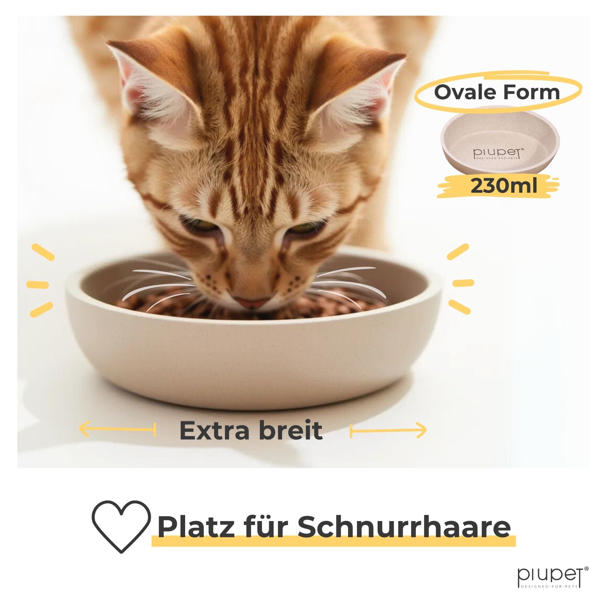 Katze frisst aus extra breitem, ovalem Katzennapf in Beige mit 230 ml Fassungsvermögen – schnurrhaarfreundliches Design für komfortables Fressen