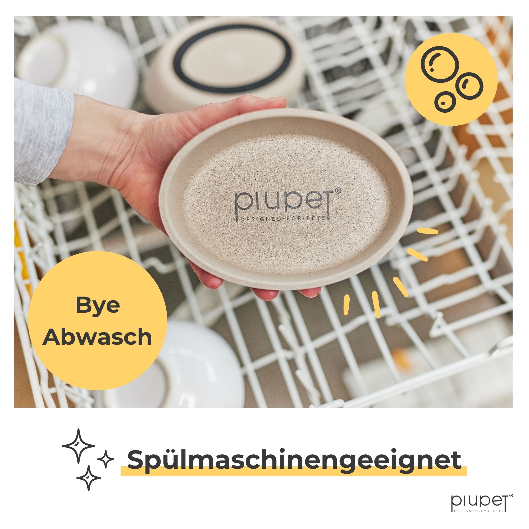 Beigefarbener Katzennapf wird in die Spülmaschine gestellt – spülmaschinengeeignet und leicht zu reinigen
