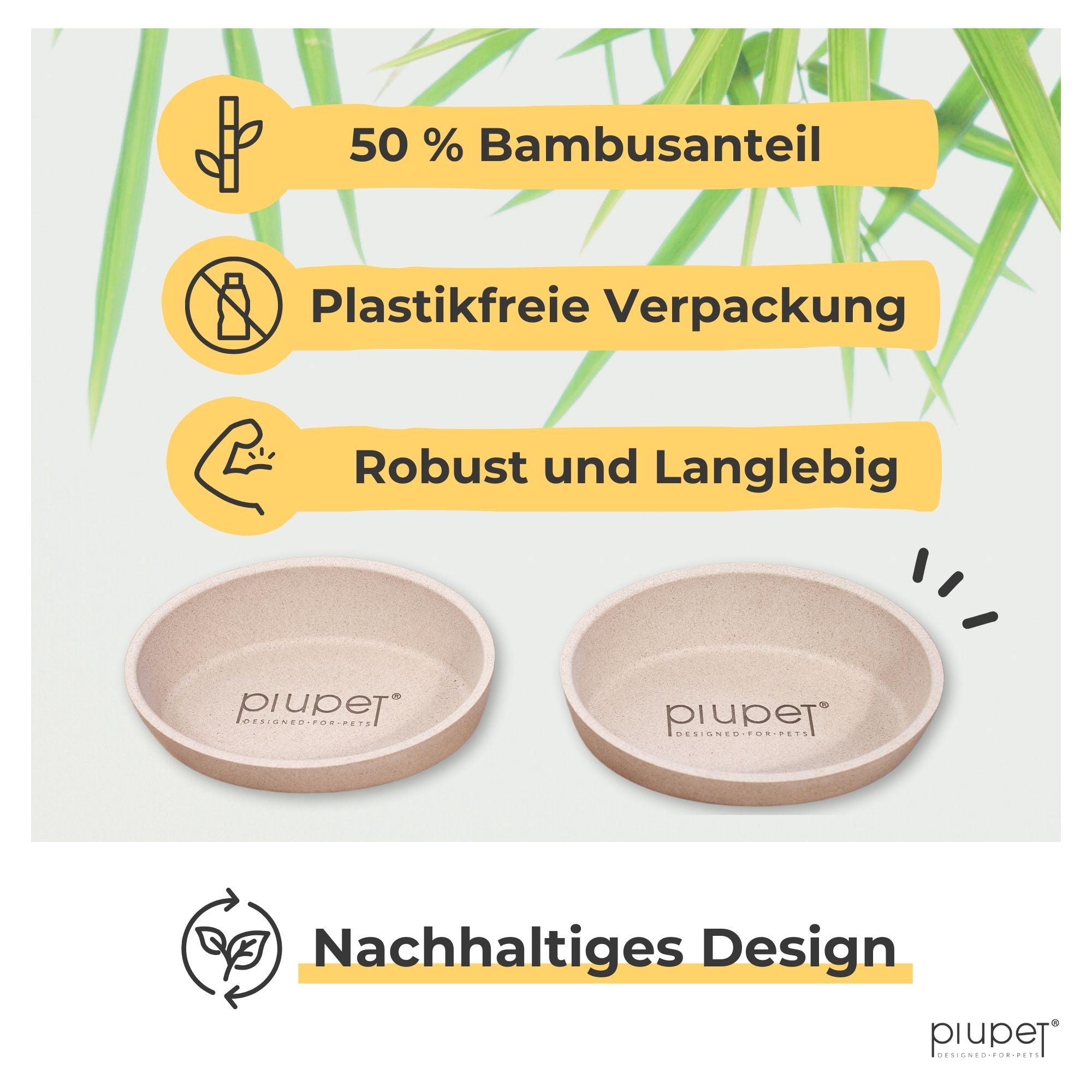 Nachhaltiges beiges Katzennapf-Set aus robustem Material mit 50 Prozent Bambusanteil, plastikfreie Verpackung und langlebiges Design