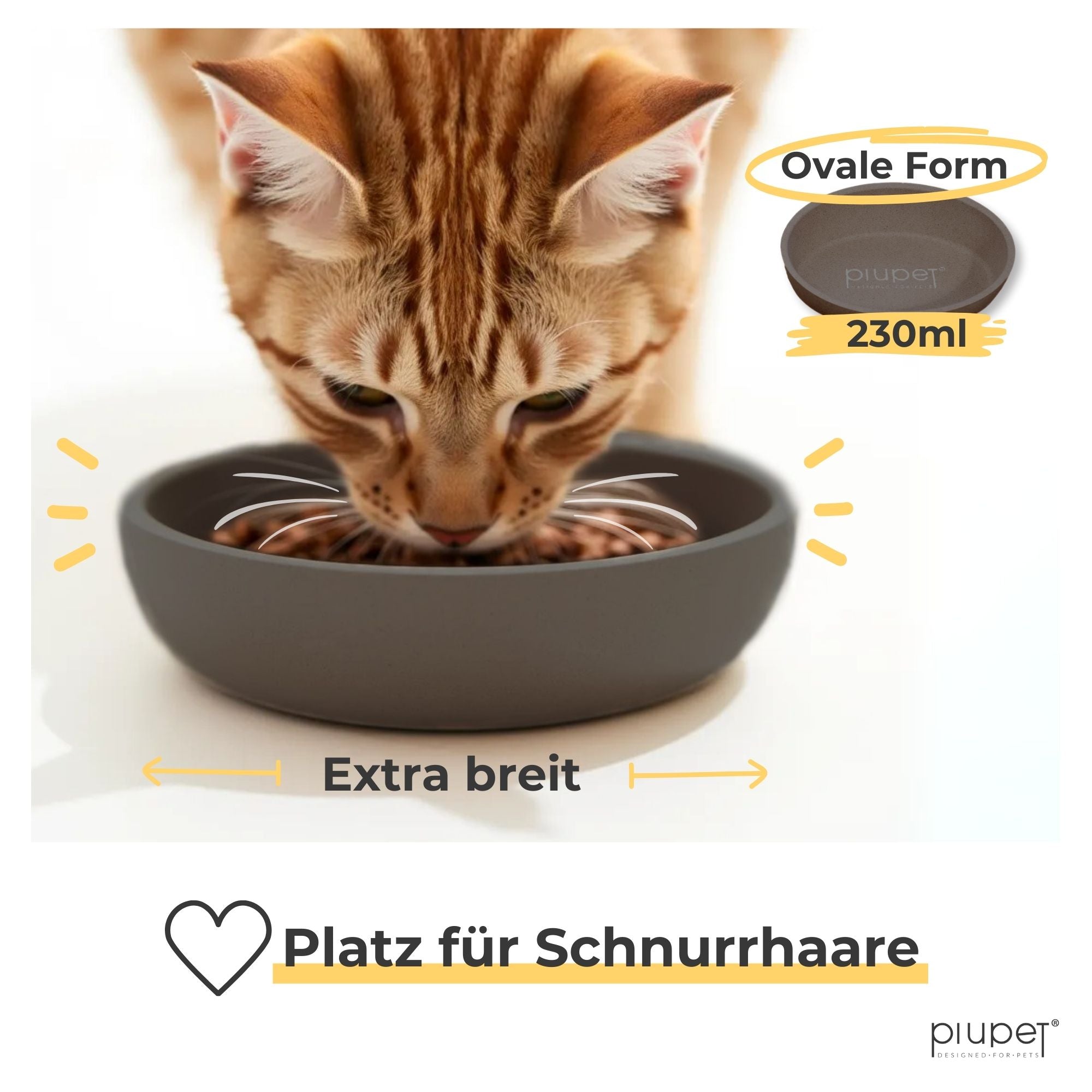 Katze frisst aus extra breitem, ovalem Katzennapf in Grau mit 230 ml Fassungsvermögen – schnurrhaarfreundliches Design für komfortables Fressen
