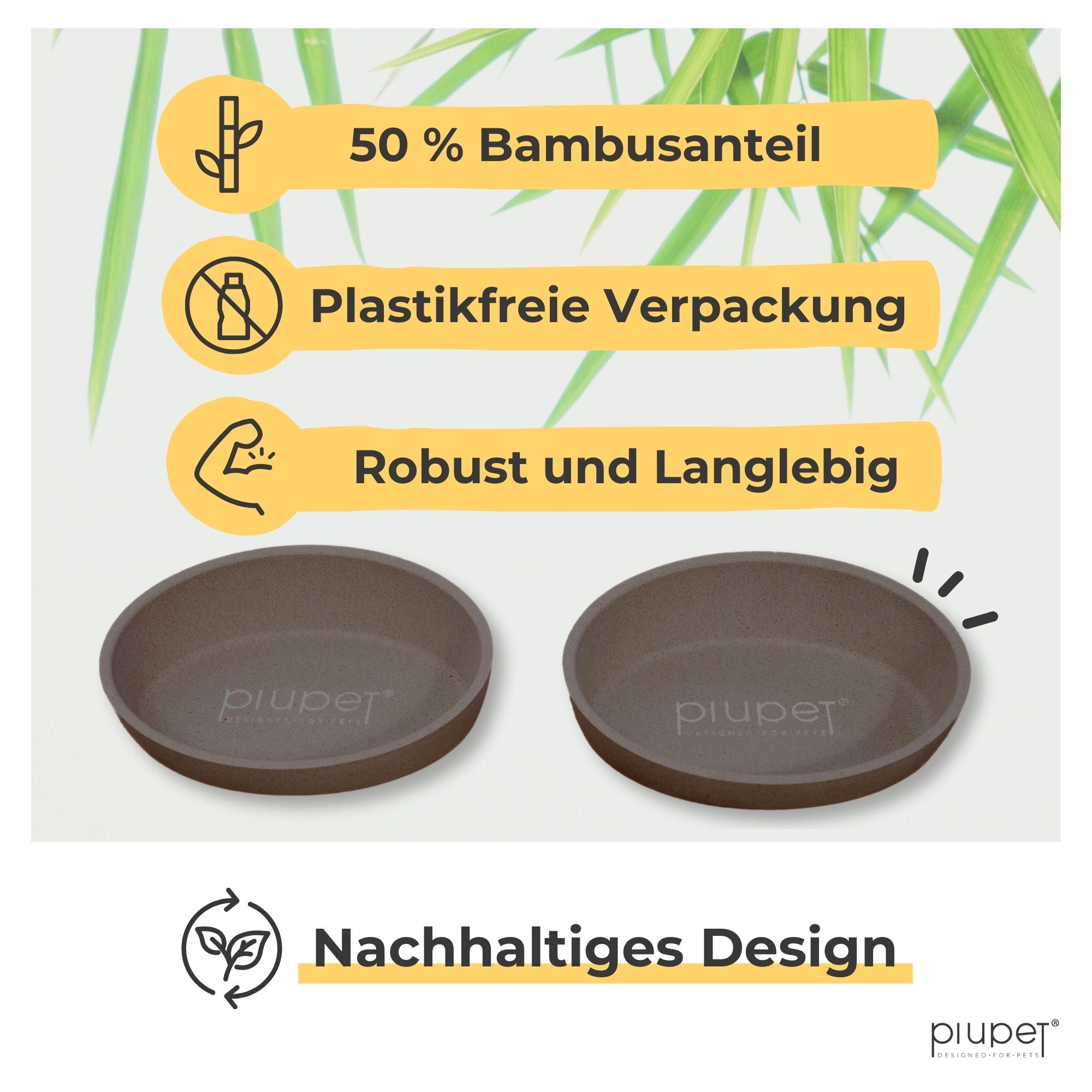Nachhaltiges graues Katzennapf-Set aus robustem Material mit 50 Prozent Bambusanteil, plastikfreie Verpackung und langlebiges Design