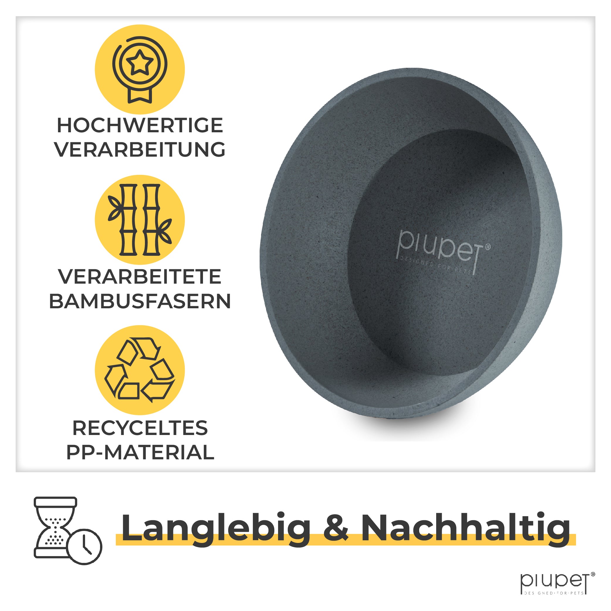 Grauer Hundenapf aus Bambusfasern und recyceltem Kunststoff. Daneben Symbole für hochwertige Verarbeitung, Bambusfasern und recyceltes PP-Material. Text darunter: Langlebig & Nachhaltig.