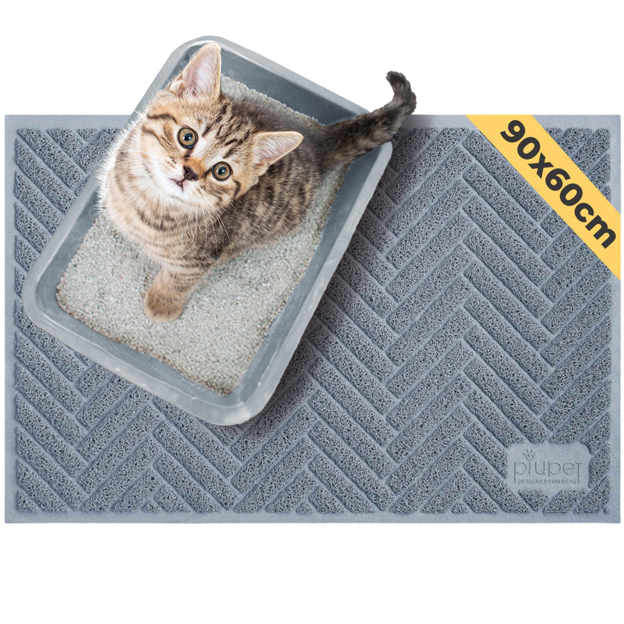 Jungkatze sitzt in einer Katzentoilette mit Streu, die auf einer grauen 90x60 cm großen Streumatte steht.