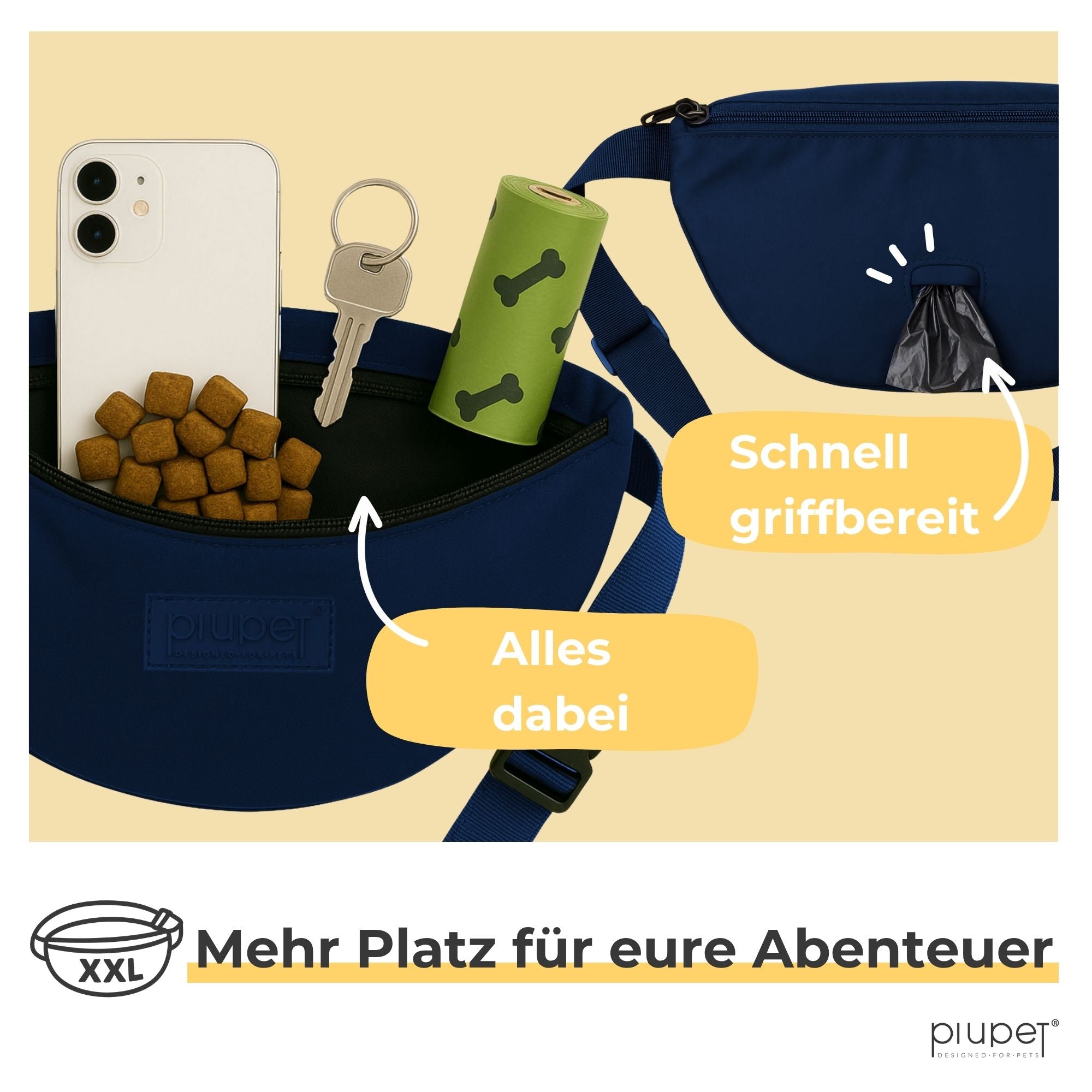 XXL Futterbeutel für Hunde in Blau mit Platz für Leckerlis, Handy, Schlüssel und integriertem Kotbeutelspender – praktische Leckerlitasche für unterwegs