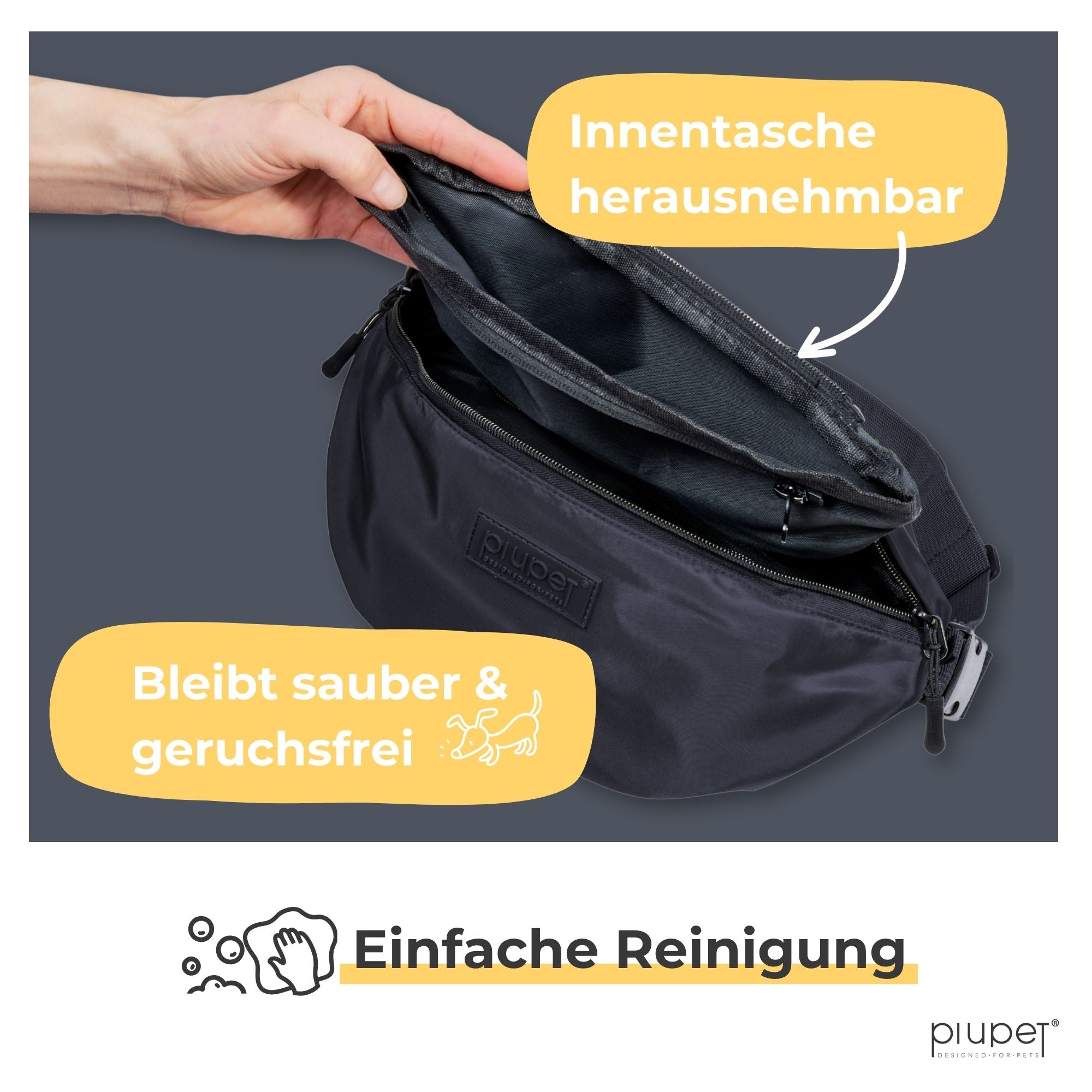 Schwarzer Futterbeutel für Hunde mit herausnehmbarer Innentasche – hygienisch, bleibt sauber, geruchsfrei, leicht zu reinigen - ideal als Leckerlitasche