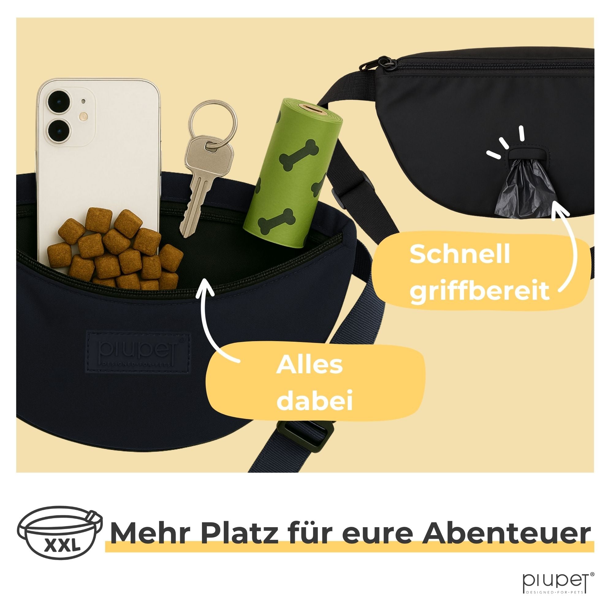 XXL Futterbeutel für Hunde in Schwarz mit Platz für Leckerlis, Handy, Schlüssel und integriertem Kotbeutelspender – praktische Leckerlitasche für unterwegs