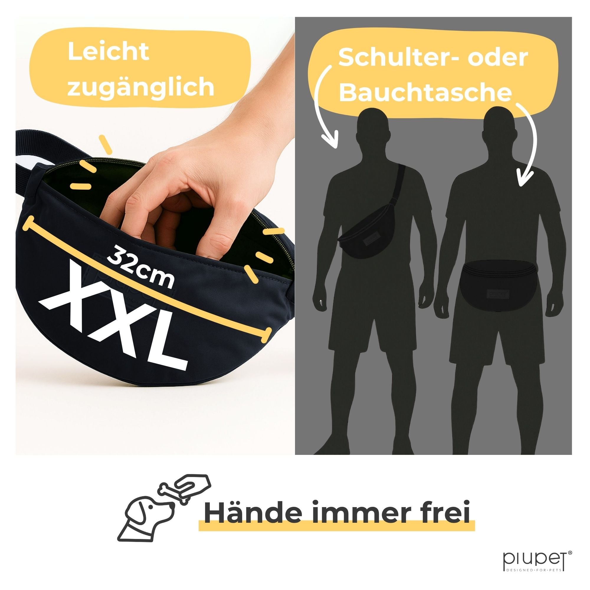 XXL Leckerlitasche für Hunde in Schwarz, 32 cm breit, leicht zugänglich und flexibel als Schulter- oder Bauchtasche tragbar – praktischer Futterbeutel für unterwegs